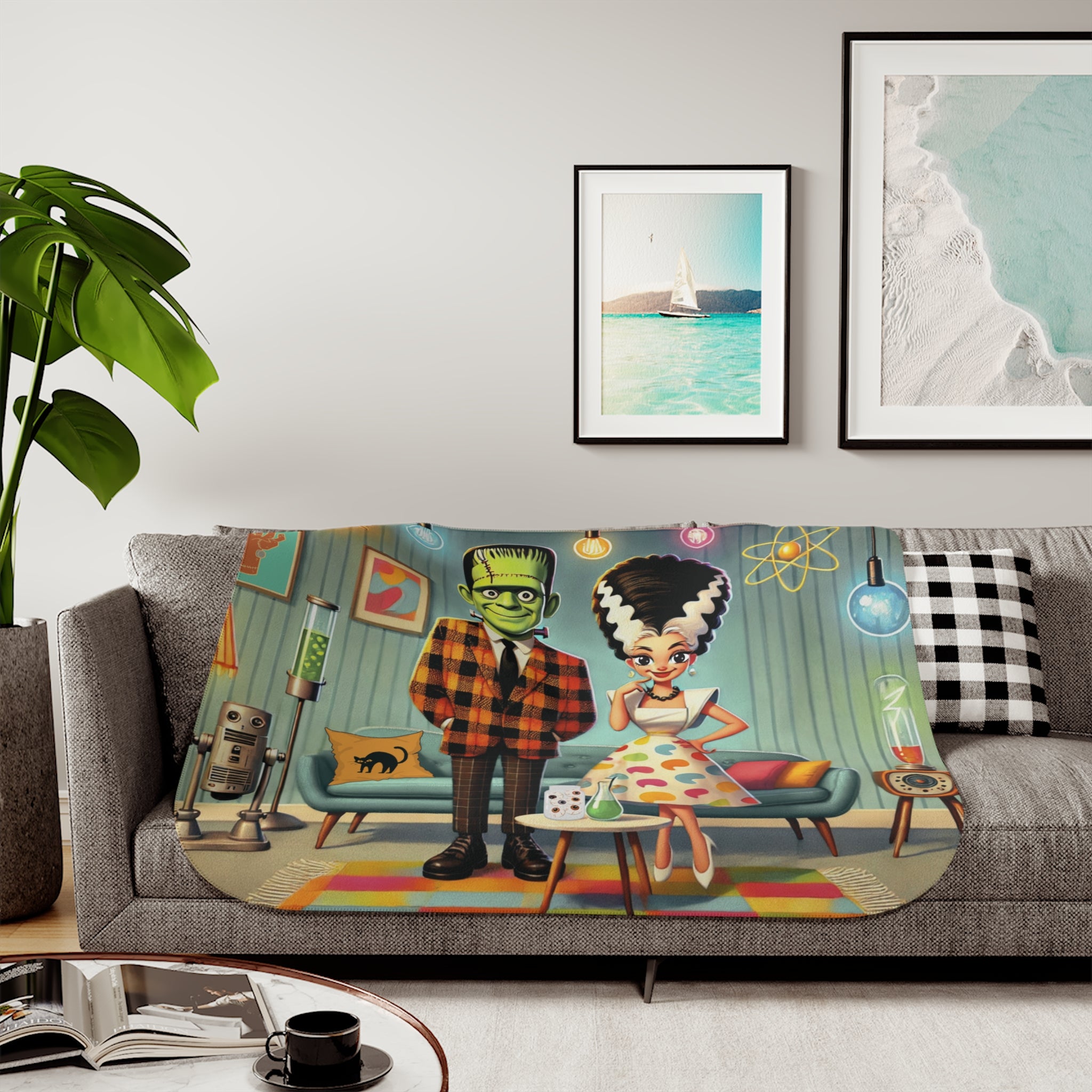 Frankenstein And Bride Retro Monster Sherpa Blanket - Cozy Design for Home Decor - Mid Century Modern Gal