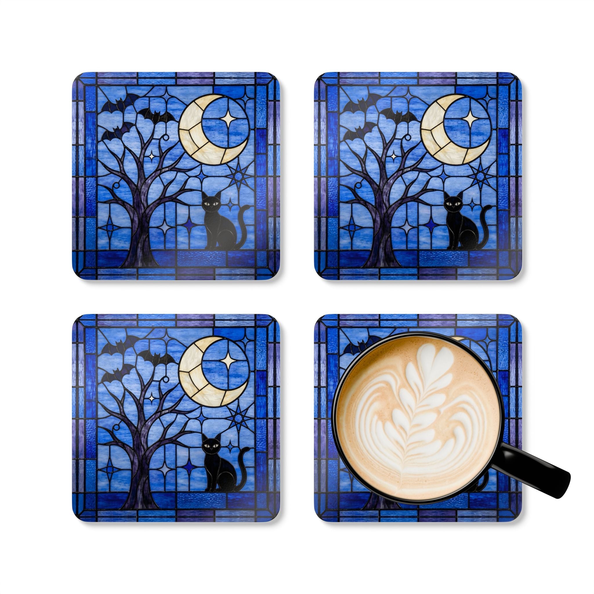 Halloween Stained Glass Style Night Sky Black Cat Corkwood Coaster Set