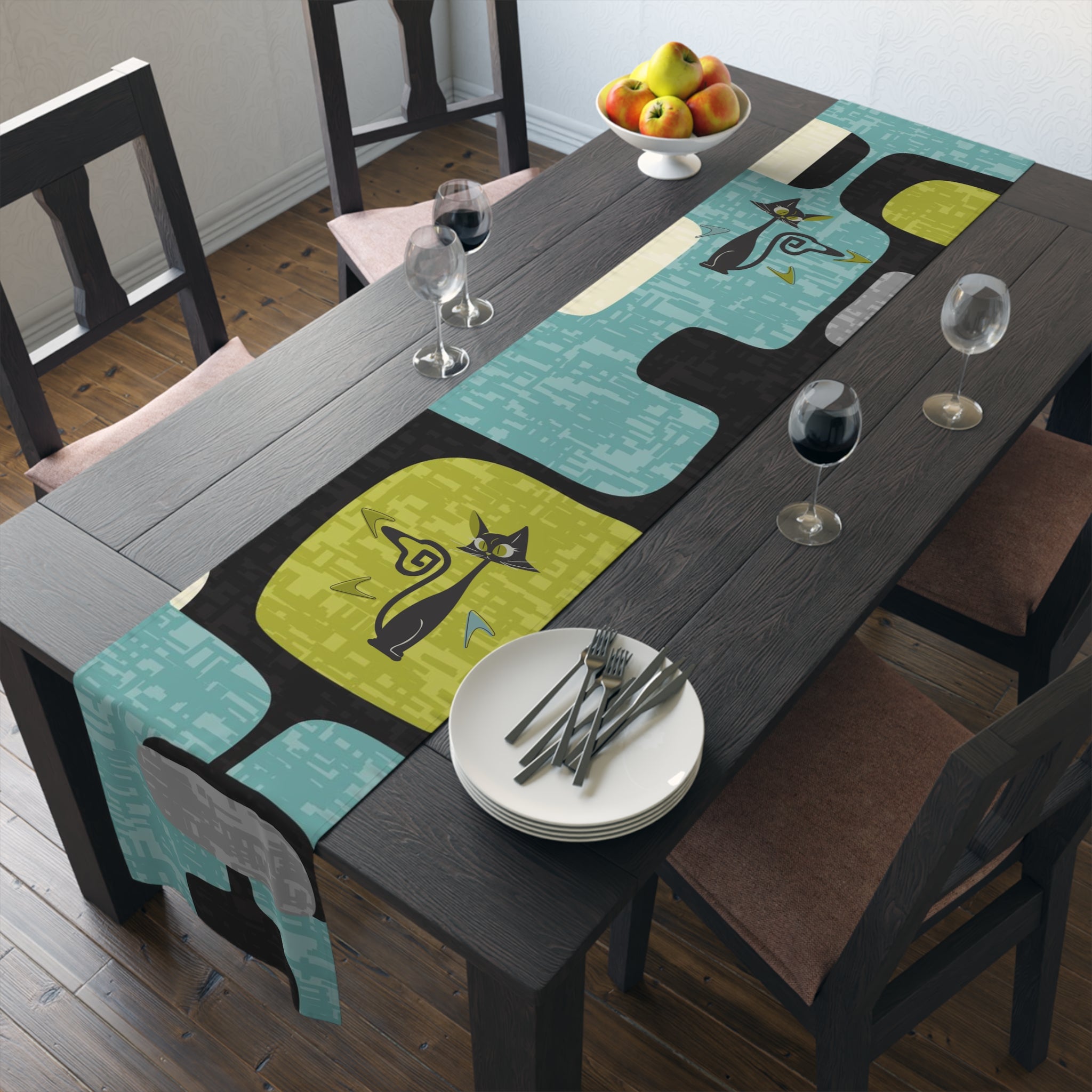 Mid Century Modern Table Runner, Atomic Kitties, Black Cats, Boomerangs Geometric Designed, Aqua, Green, Blue, Black, MCM Table Runner - Mid Century Modern Gal