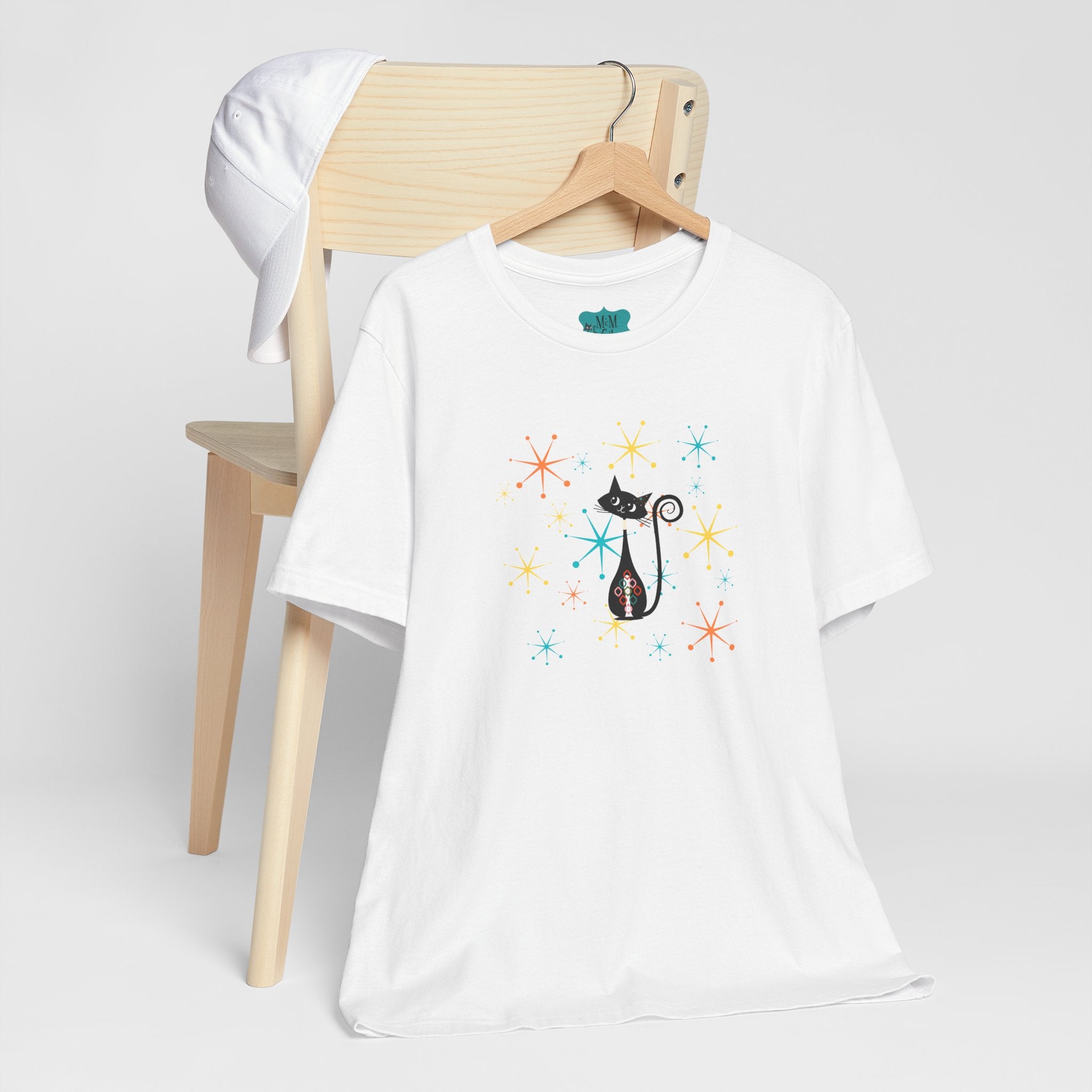 Atomic Cat Mid Century Modern Starburst Whimsical Cat Short Sleeve Tee - Colorful Star Design - Mid Century Modern Gal
