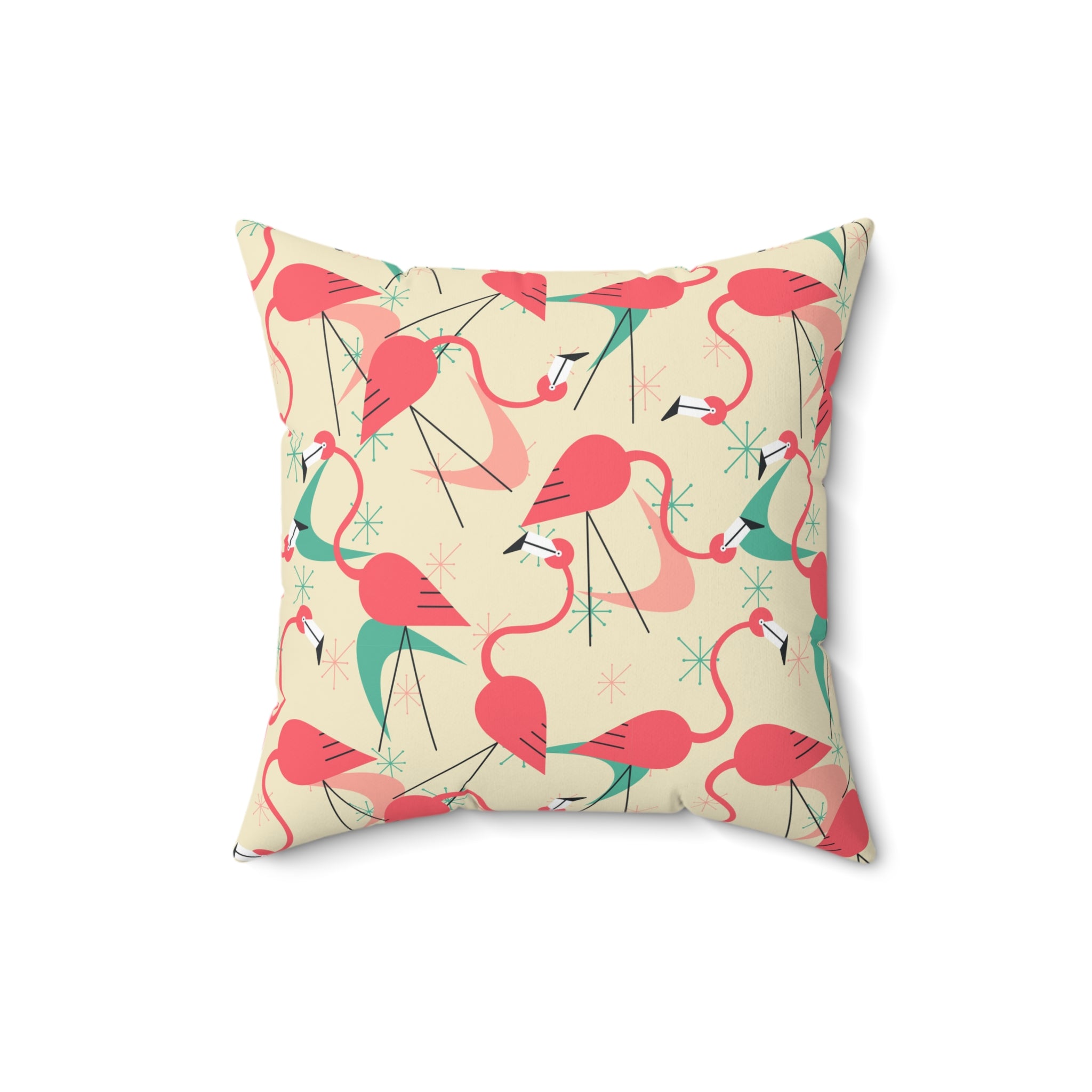 Mid Century Modern Dancing Flamingos, Kitschy Quirk MCM Tropical Flamingo Square Pillow - Stylish Home Decor for Retro Summer Vibes - Mid Century Modern Gal