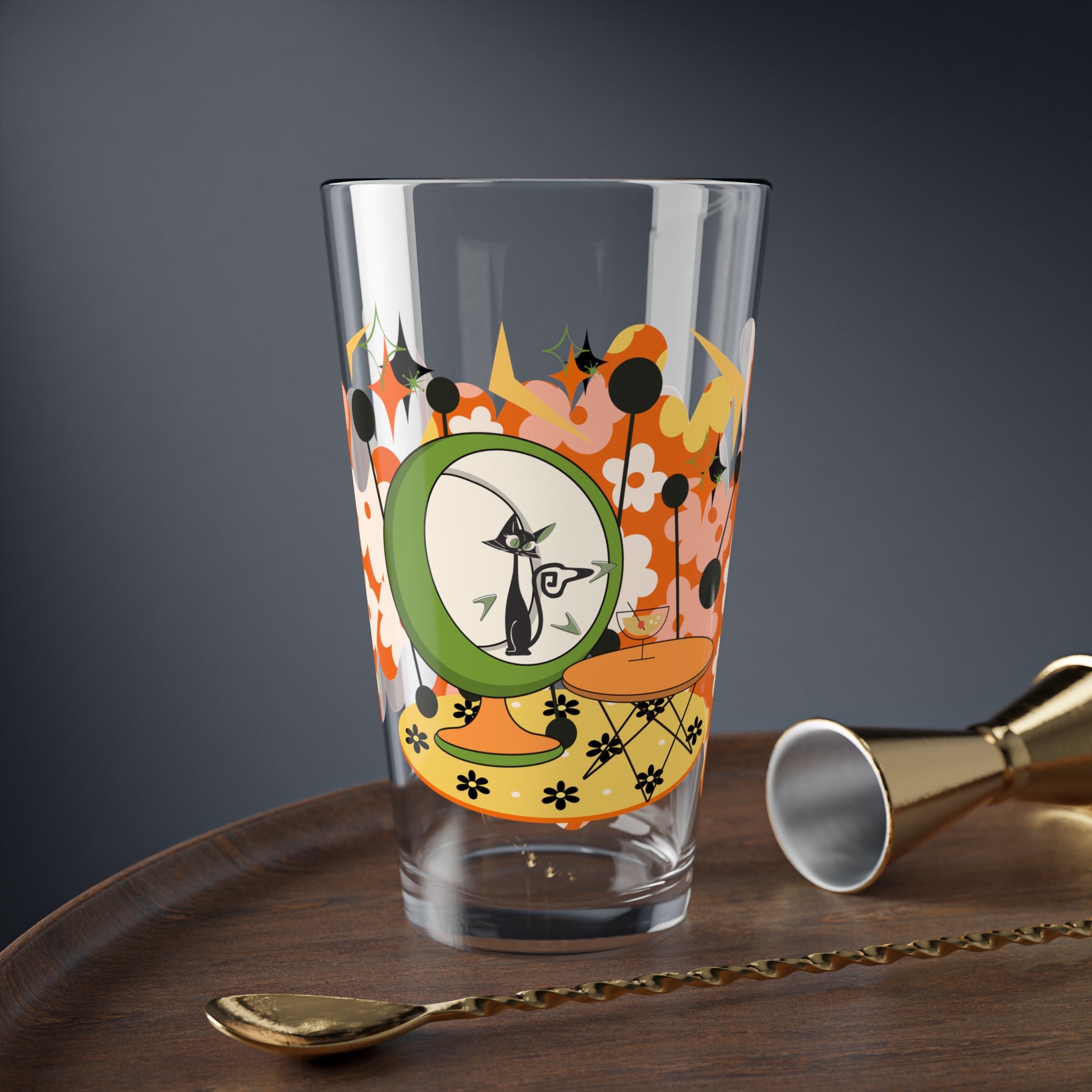 Mid Century Modern Barware, 70s Flower Power Atomic Cat Retro Glass - 16oz Floral Design for Cocktails & Beverages - Mid Century Modern Gal