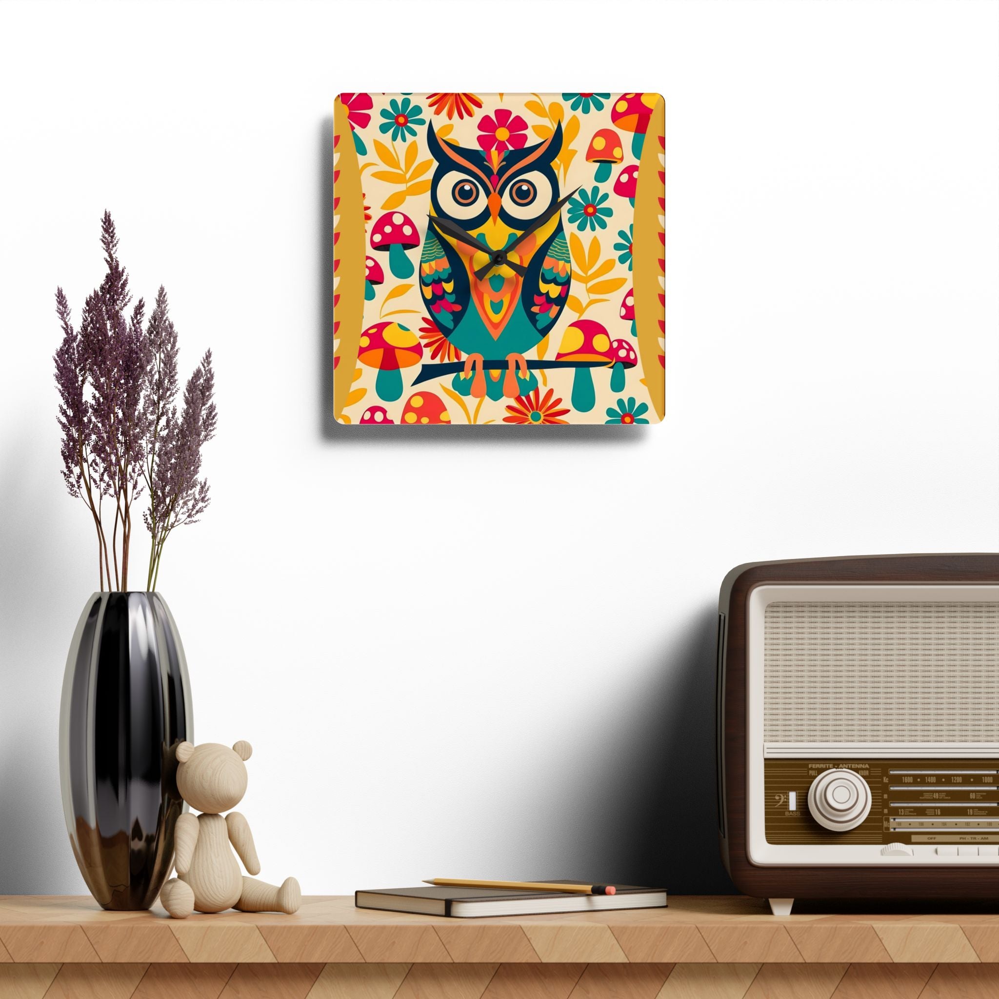 Colorful Retro Boho Owl, Groovy Mushrooms Acrylic Wall Clock - Whimsical Home Decor for Nature Lovers - Mid Century Modern Gal