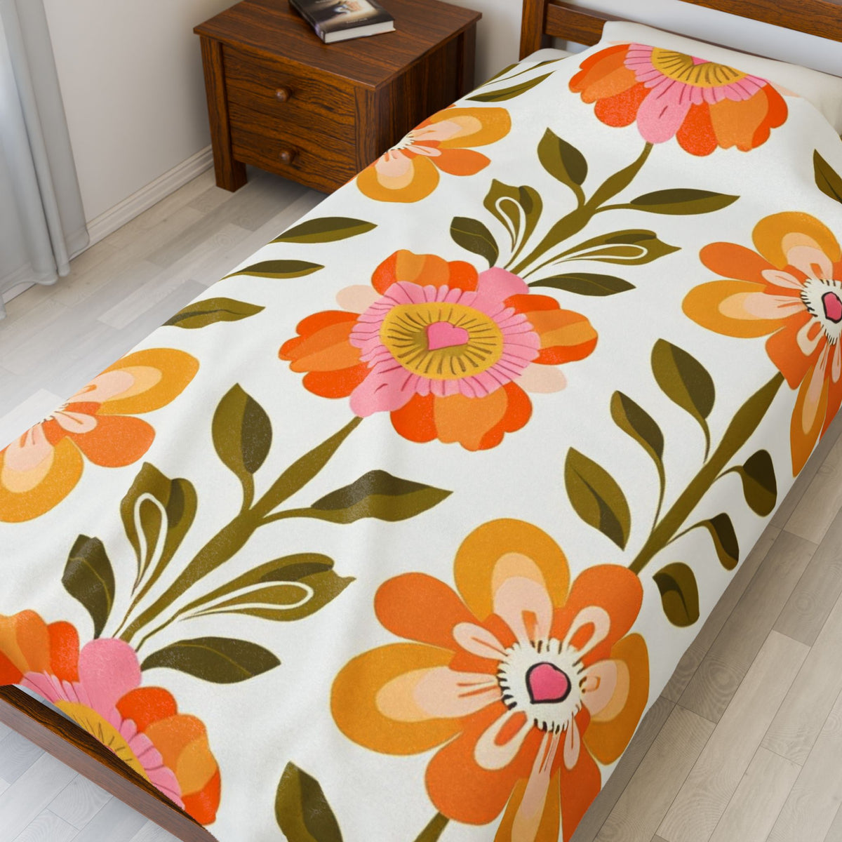 Scandinavian Mid Century Modern Floral Velveteen Plush Blanket - Cozy, Soft Throw for Home Decor & Gift Giving - Mid Century Modern Gal