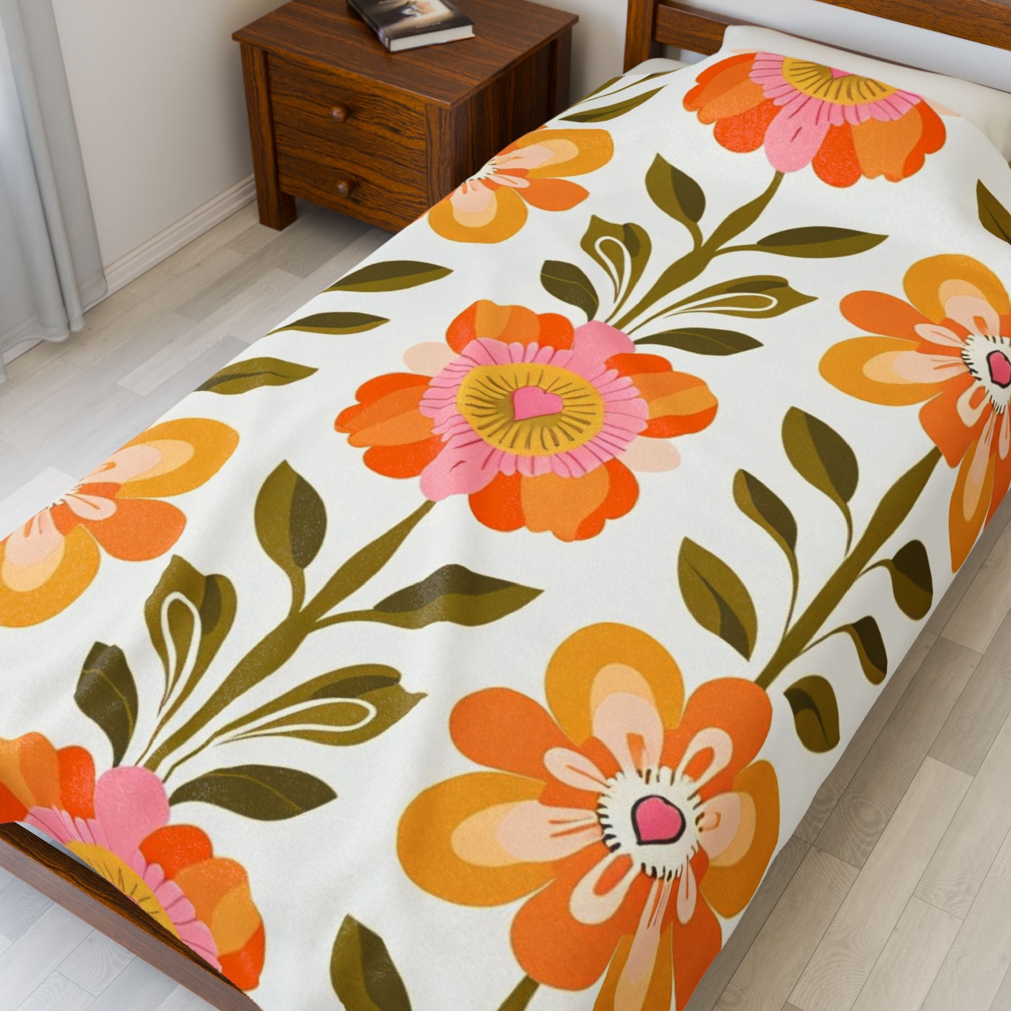Scandinavian Mid Century Modern Floral Velveteen Plush Blanket - Cozy, Soft Throw for Home Decor & Gift Giving - Mid Century Modern Gal