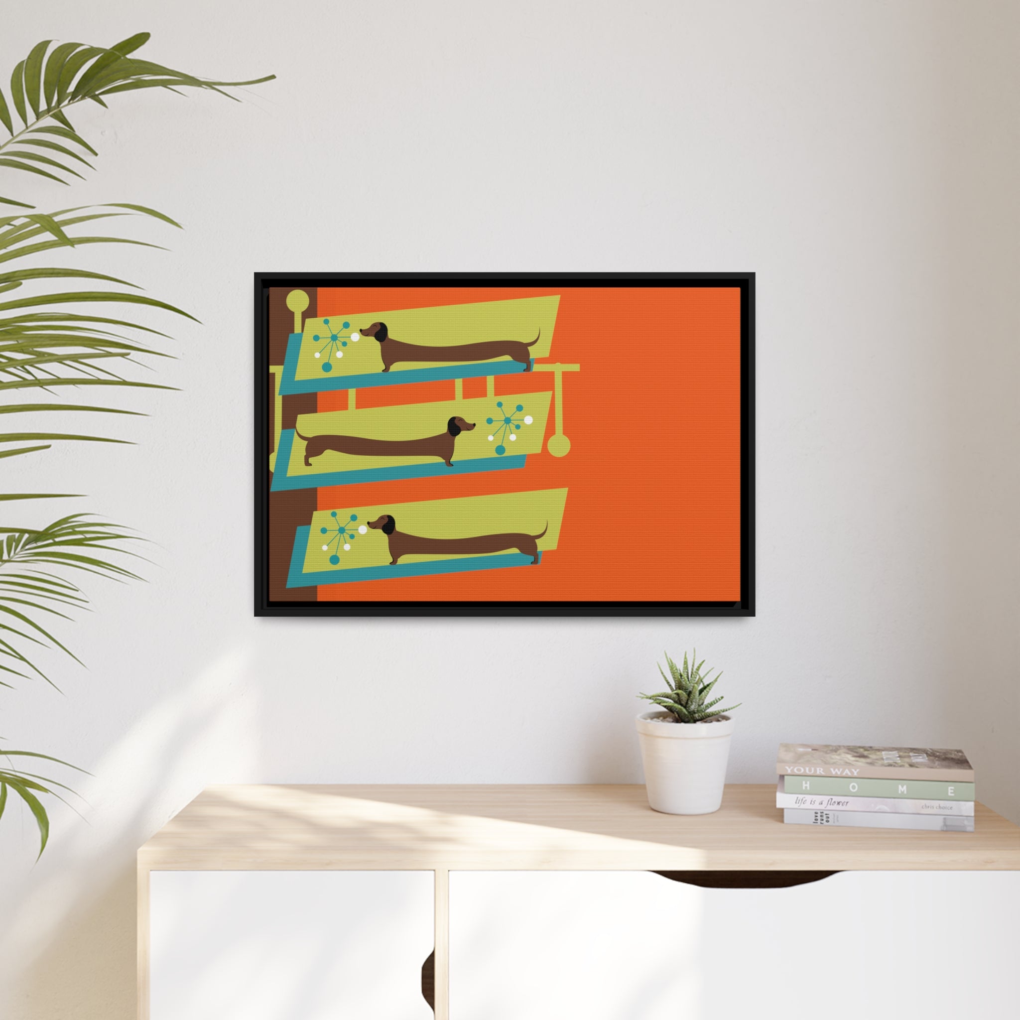 Mid Mod Doxie Dog MCM Wall Art, Orange, Green Teal, Mid Century Modern Wall Art - Mid Century Modern Gal