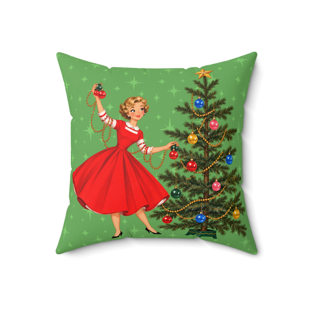 Mid Century Modern Gal Decorating Christmas Tree, Green Atomic Starbursts Pillow Cover and Insert