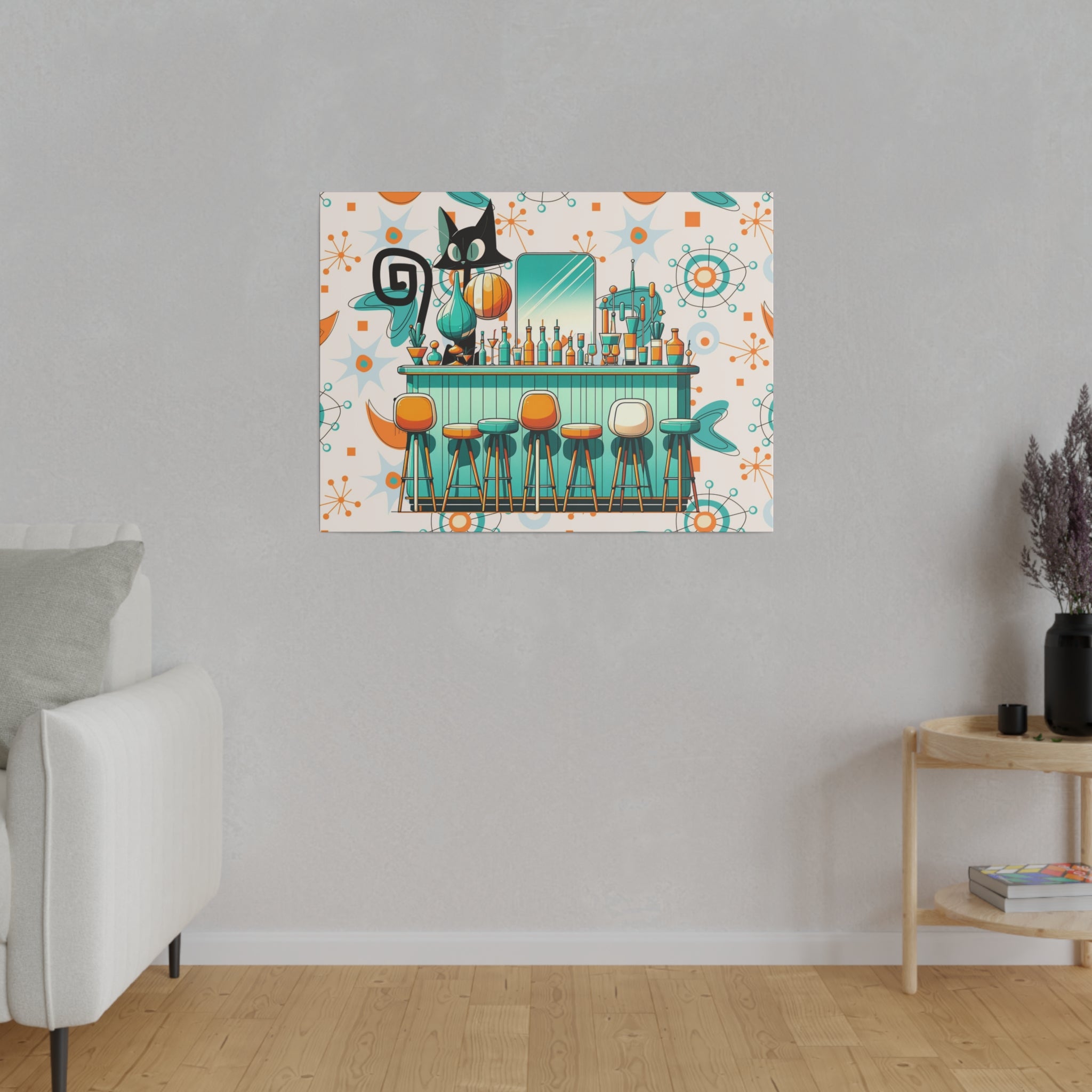 Atomic Cat, Mid Century Modern Kitschy Bar, Orange, Teal Mid Century Modern Wall Art - Mid Century Modern Gal
