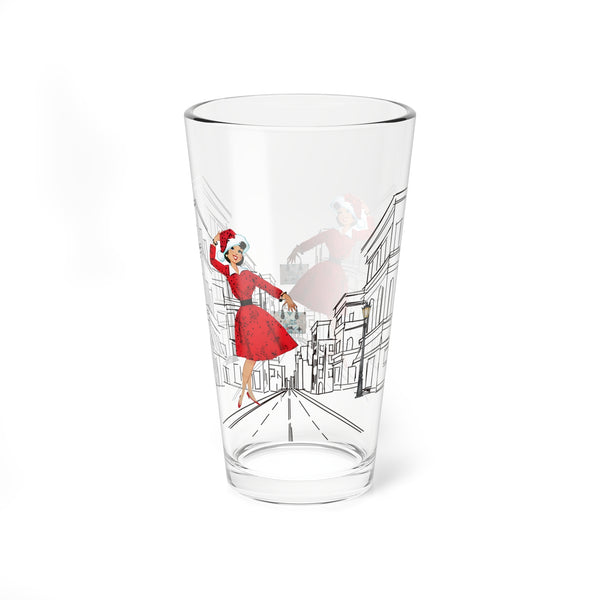 Mid Century Modern Christmas Kitsch Mod City Gal Charming 16oz Mixing Glass with Vintage Street Design