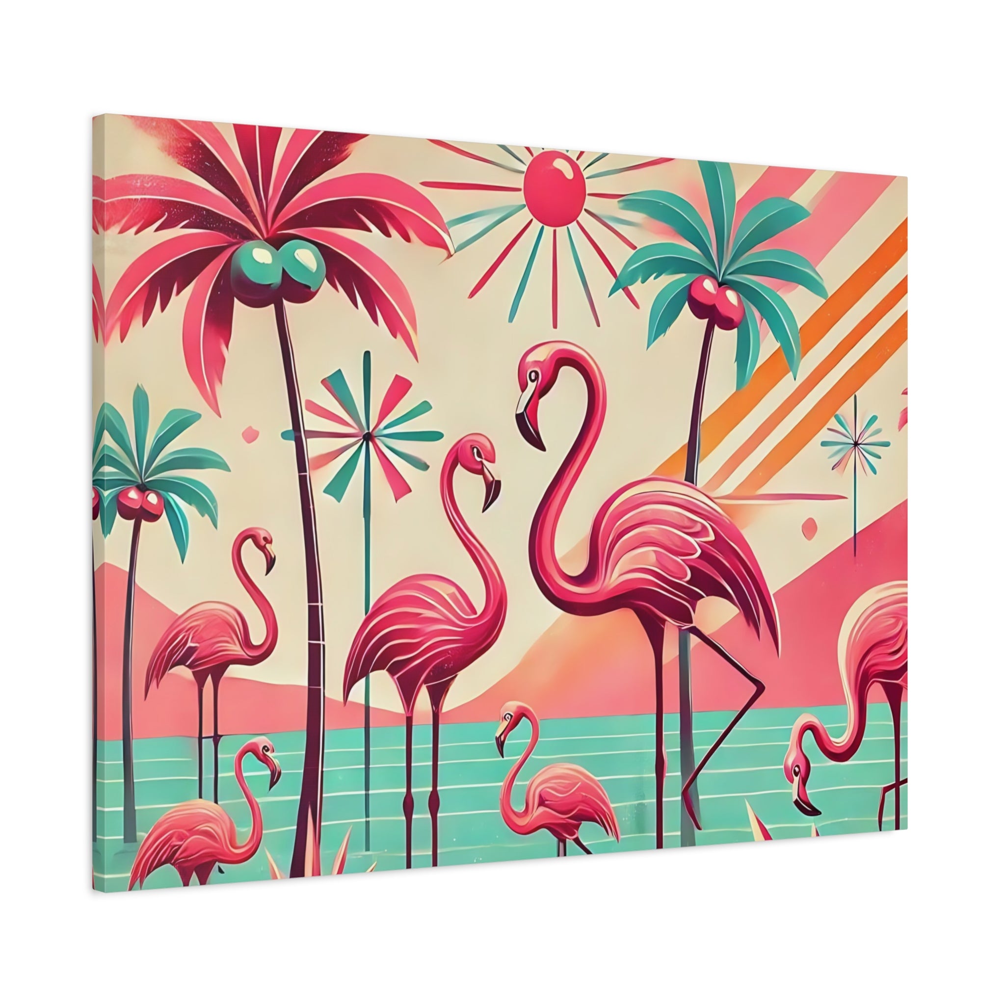 1950s Mid Century Modern Flamingo Art, Kitschy Pink, Teal, MCM Matte Canvas - Mid Century Modern Gal