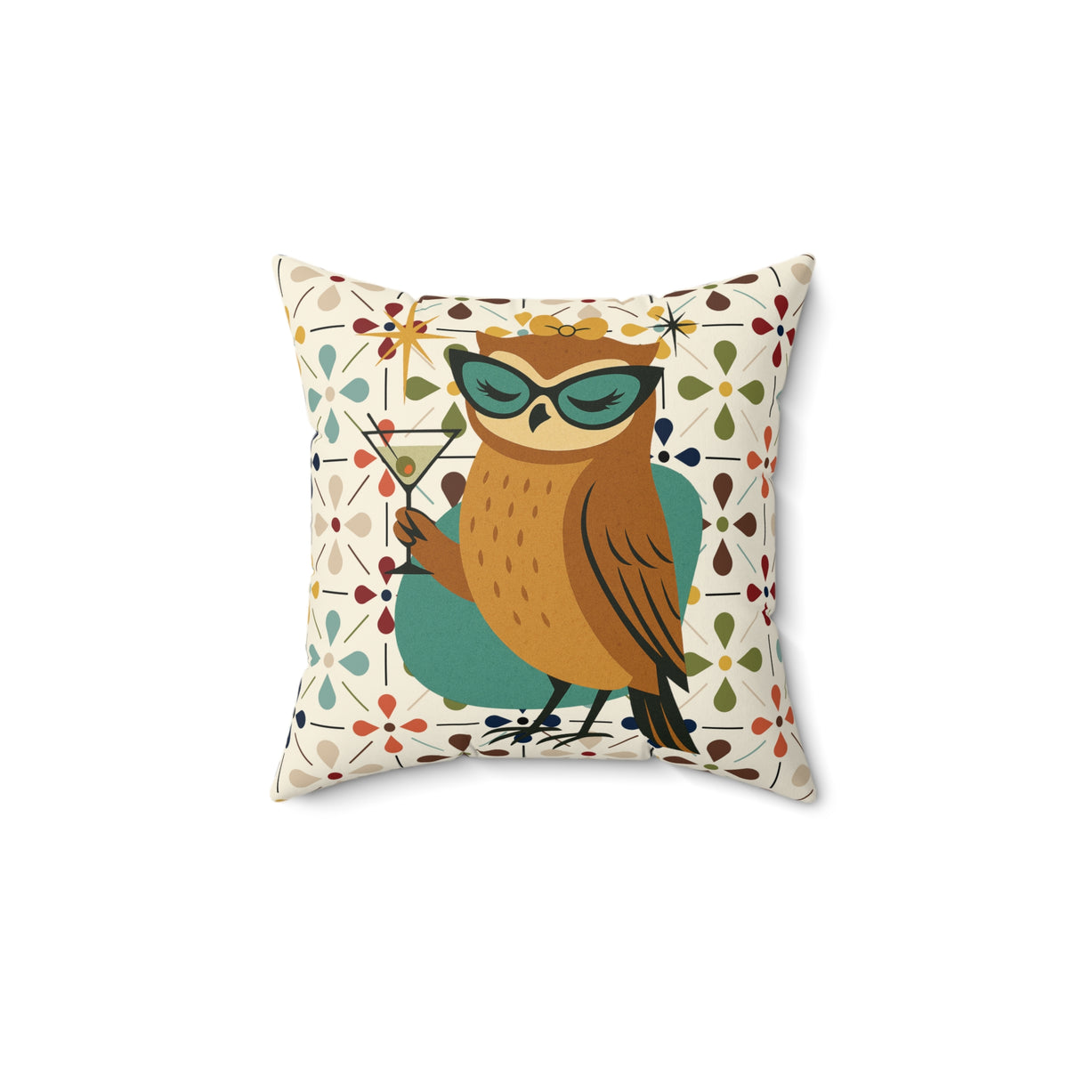Modern Scandinavian Floral Cocktail Owl, Kitschy Mod Pillow And Insert - Mid Century Modern Gal