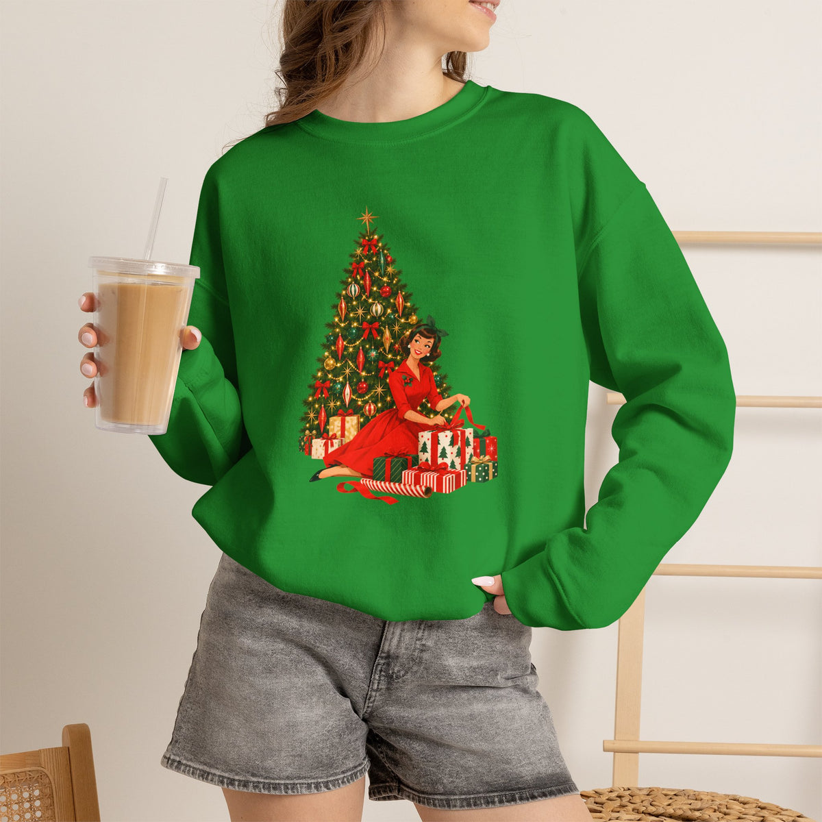 Mid Century Modern Christmas Glamour Gal Wrapping Presents by Tree Unisex Heavy Blend™ Crewneck Sweatshirt - Mid Century Modern Gal