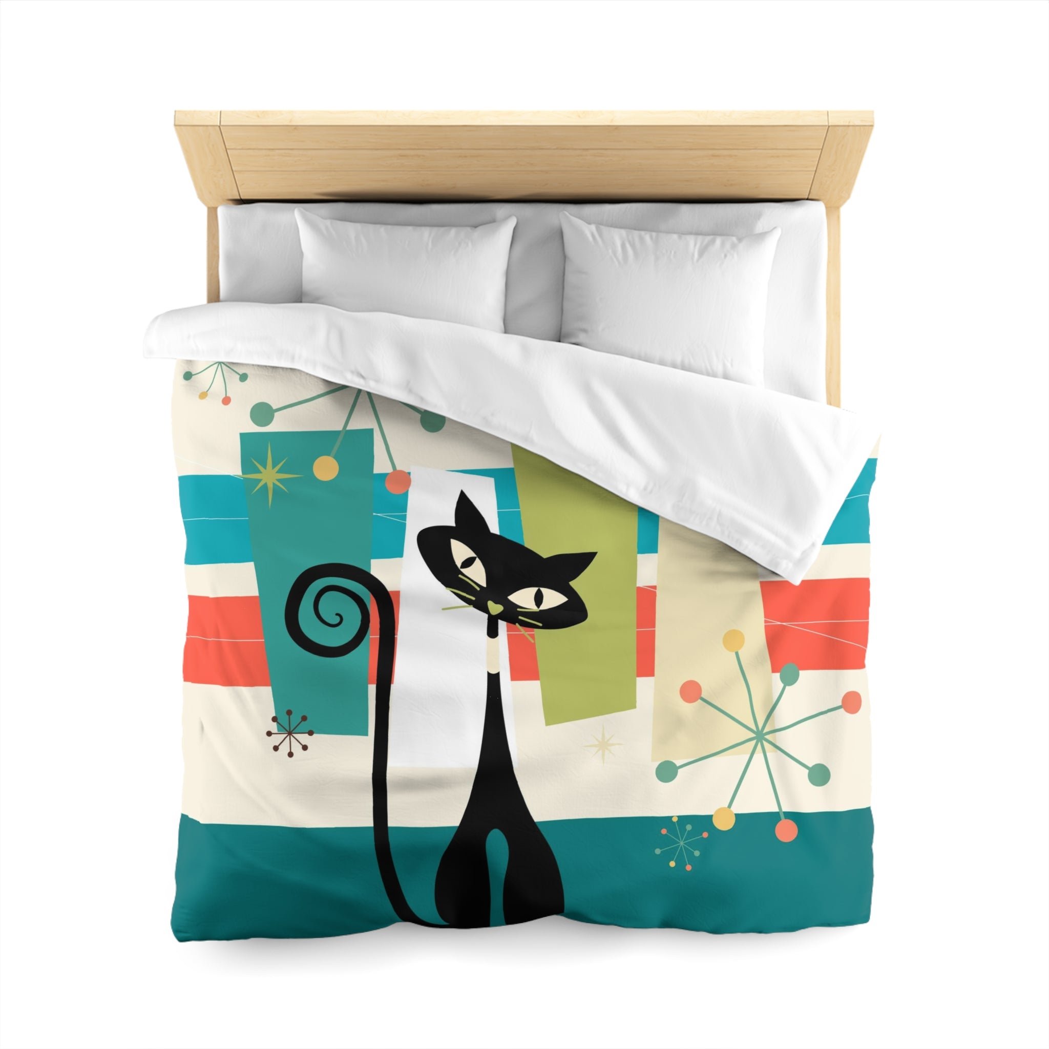 Mid Cenury Modern Atomic Cat, MCM Bedding, Starbursts,Teal, Orange, KItschy Quirky Fun Duver Cover - Mid Century Modern Gal