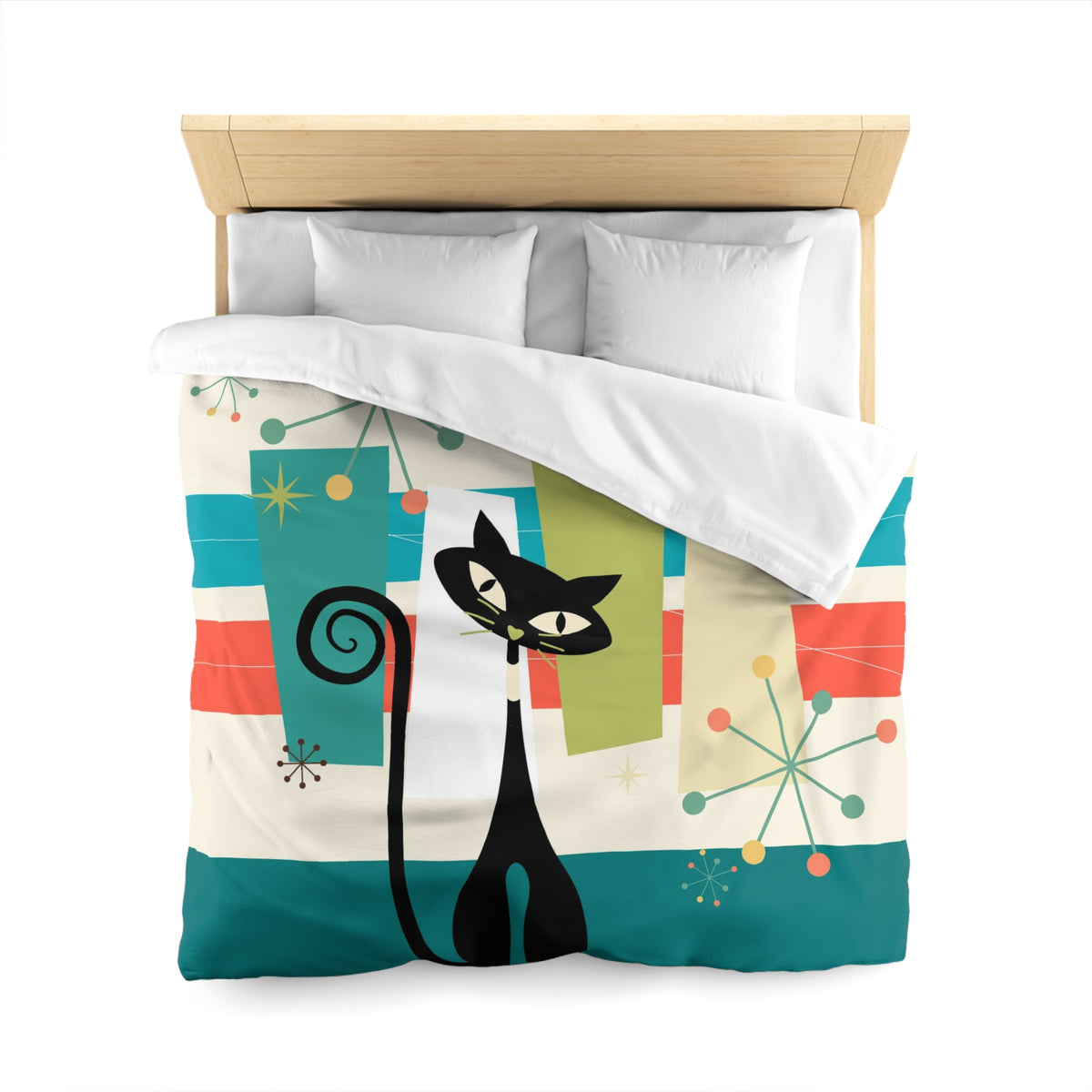 Mid Cenury Modern Atomic Cat, MCM Bedding, Starbursts,Teal, Orange, KItschy Quirky Fun Duver Cover - Mid Century Modern Gal