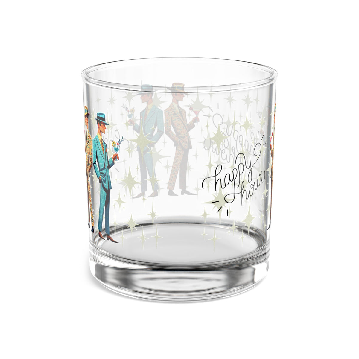 Mid Century Dapper Dudes, Gay Male Couple, Atomic Starburst Happy Hour Rock Glass, 10oz - Mid Century Modern Gal