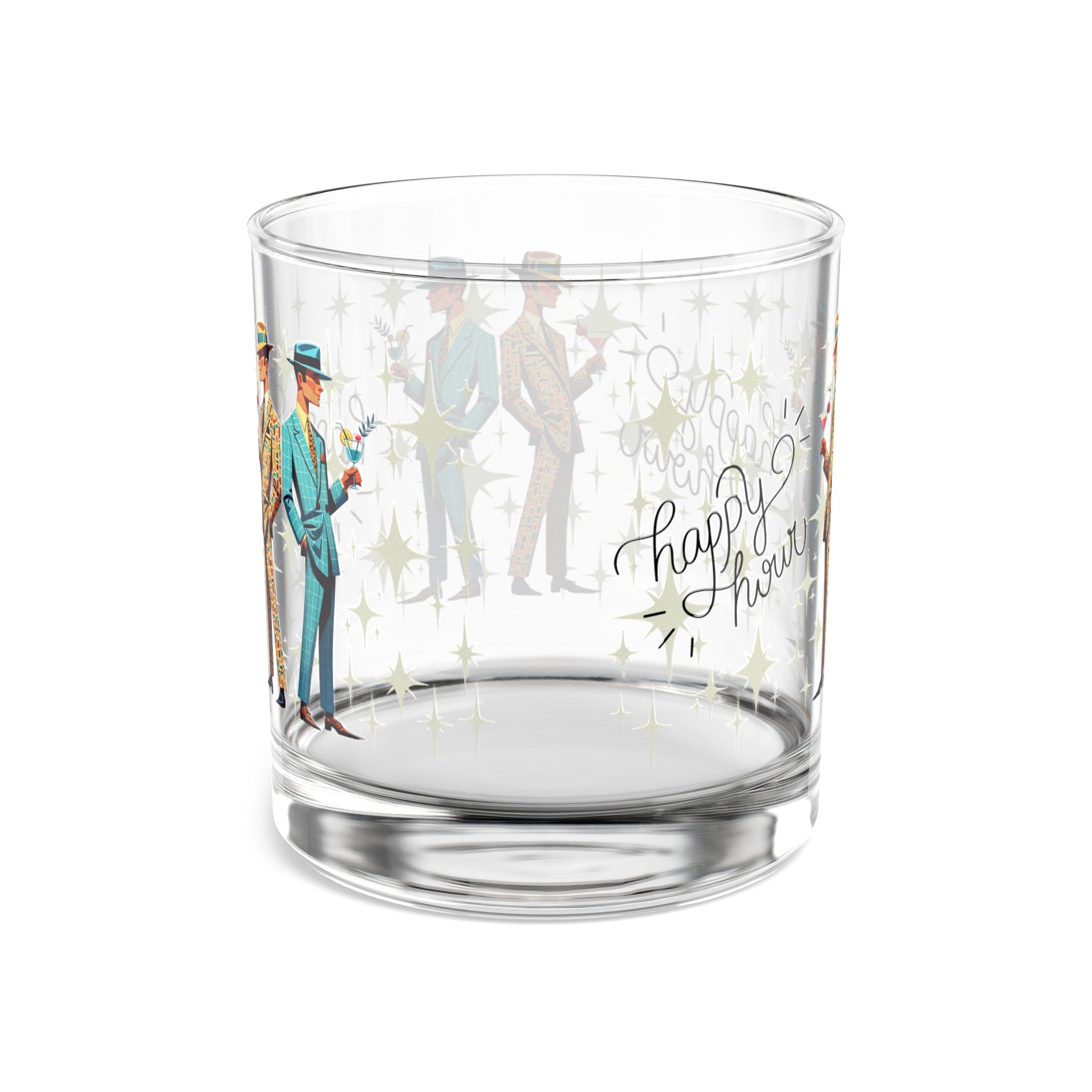Mid Century Dapper Dudes, Gay Male Couple, Atomic Starburst Happy Hour Rock Glass, 10oz - Mid Century Modern Gal
