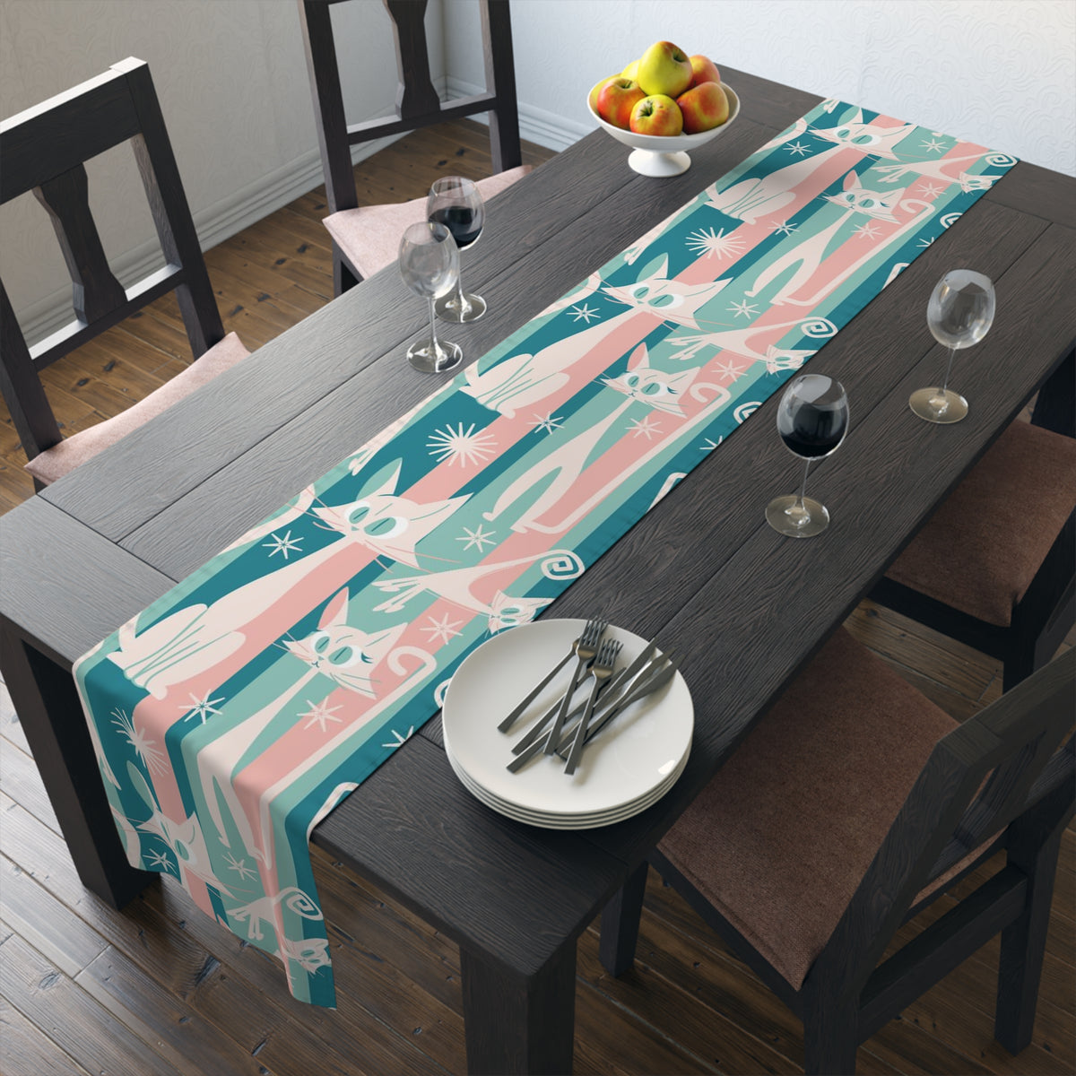 Kitschy Cat Cafe Aqua, Pink Bespoke Home Decor, Mid Century Modern Table Runner - Mid Century Modern Gal