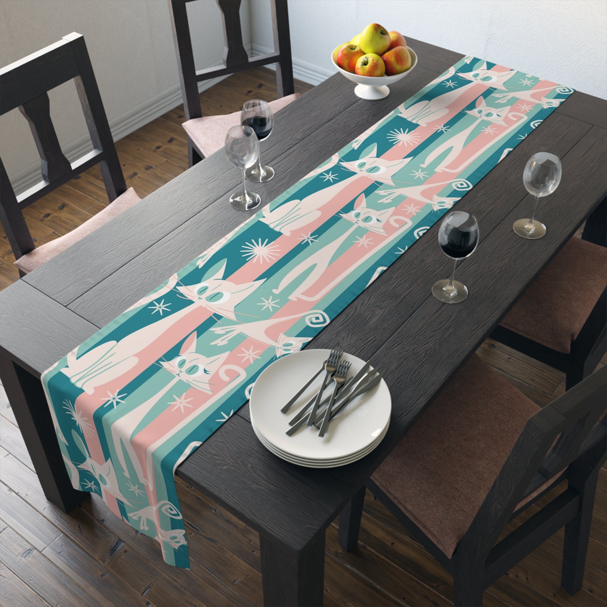 Kitschy Cat Cafe Aqua, Pink Bespoke Home Decor, Mid Century Modern Table Runner - Mid Century Modern Gal