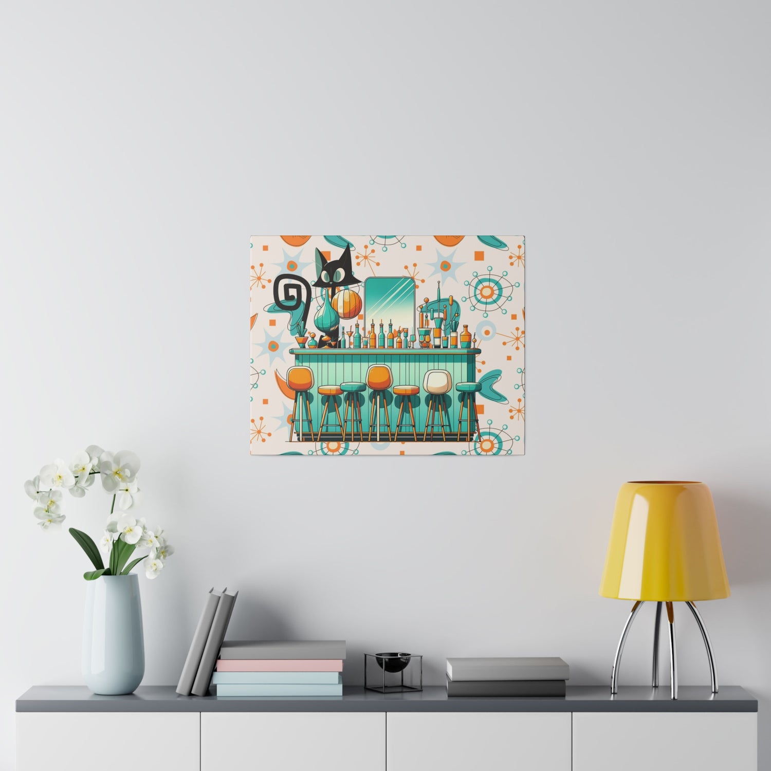 Atomic Cat, Mid Century Modern Kitschy Bar, Orange, Teal Mid Century Modern Wall Art - Mid Century Modern Gal
