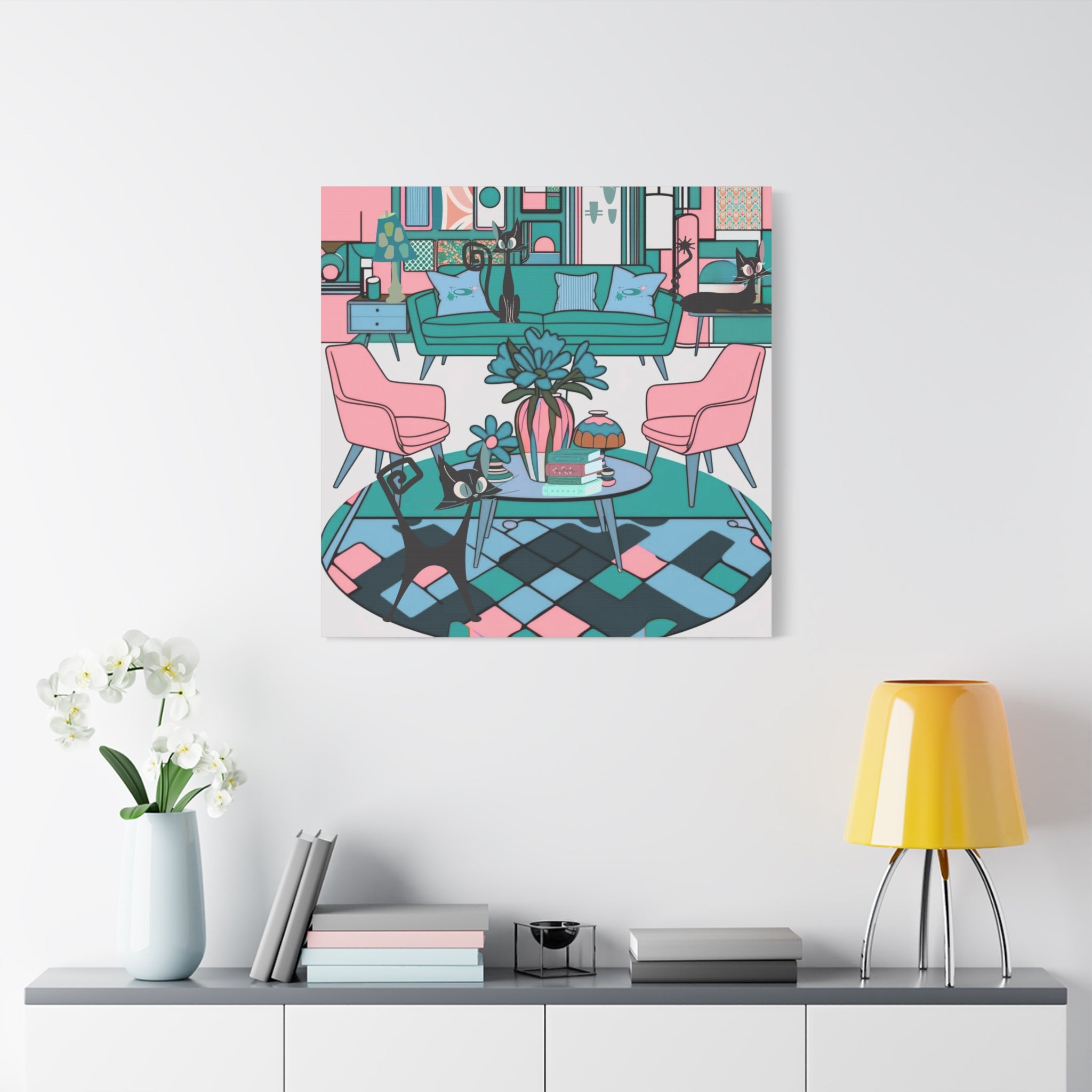 Atomic Cat Mid Century Modern Wall Art Colorful Cat-Themed Canvas Art - Mid Century Modern Gal