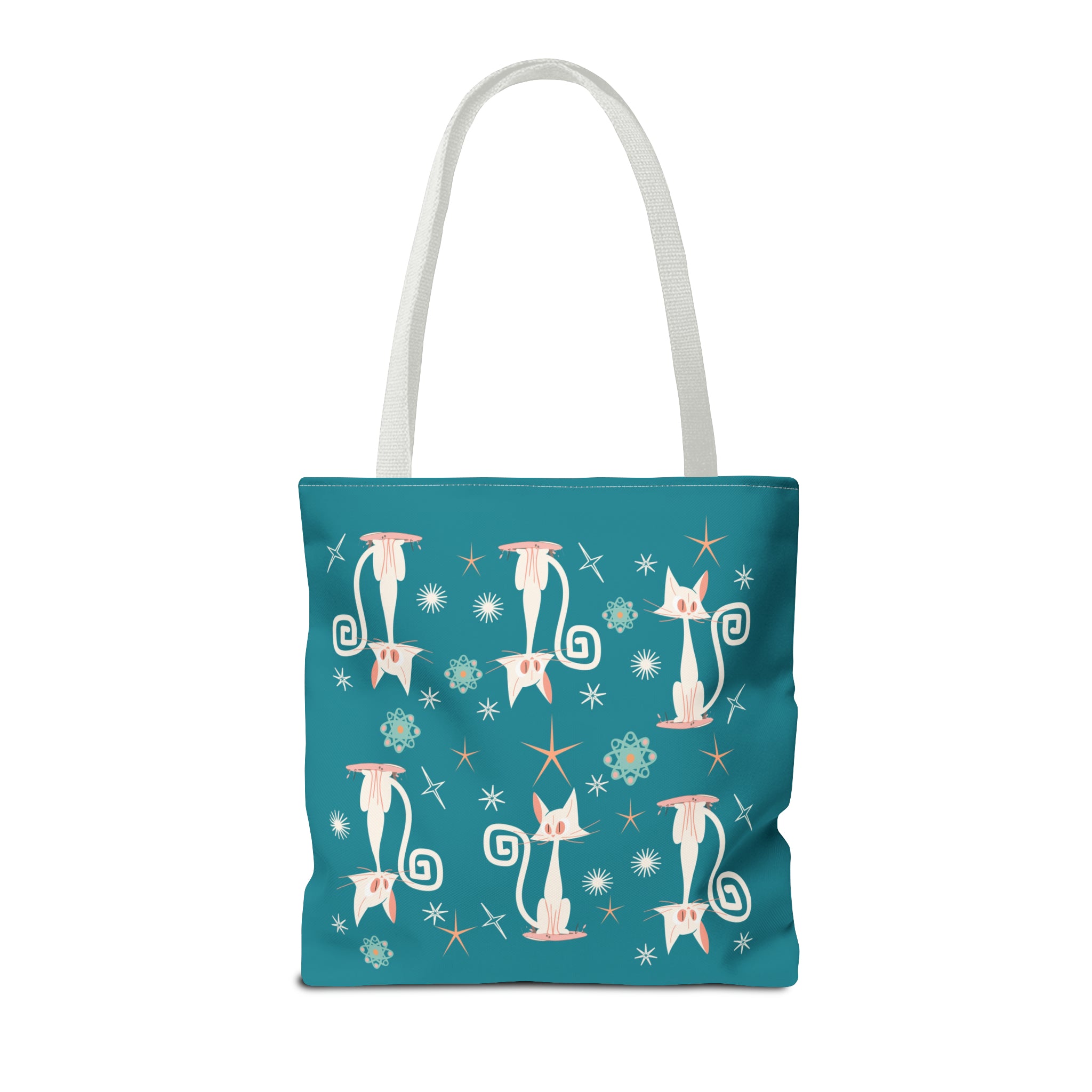 Atomic Kitties, White Kitschy Cats, Coral, Teal, Atomic Age Mid Century Modern Tote Bag