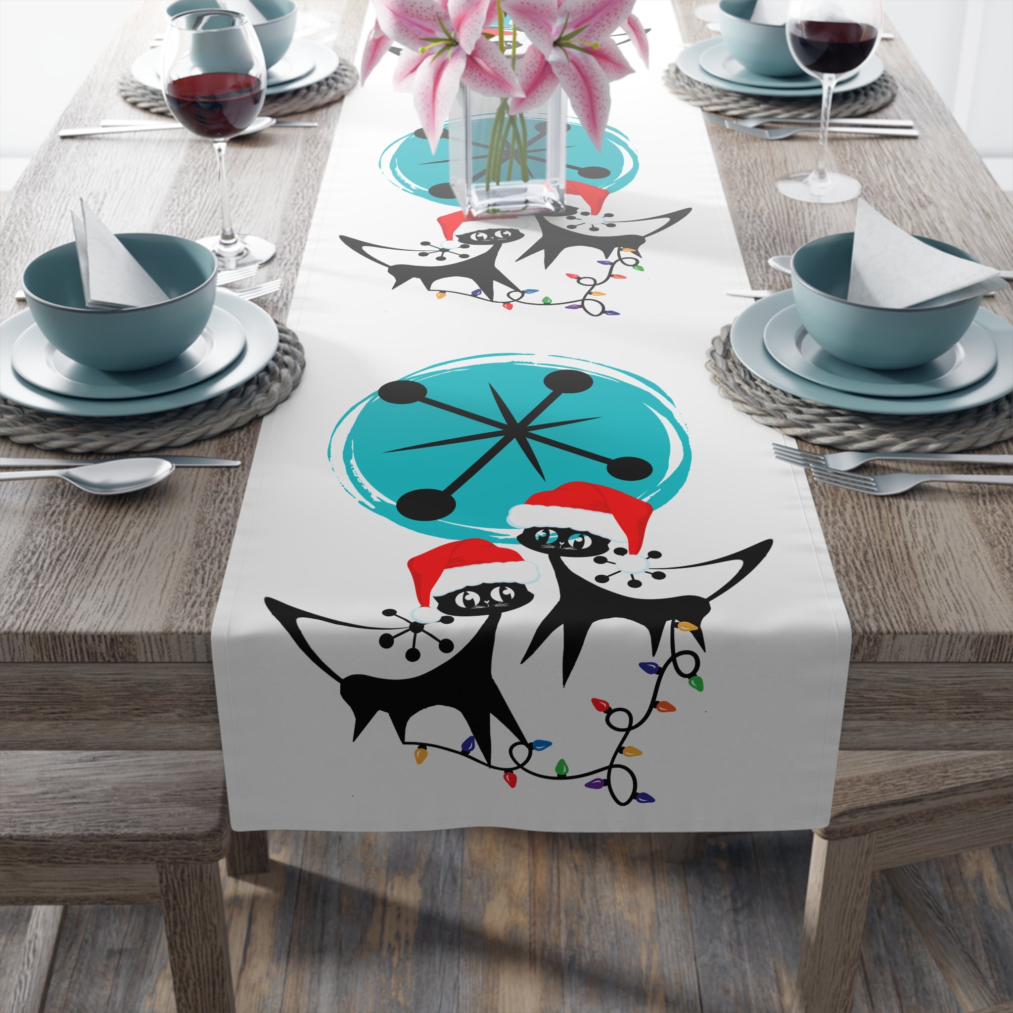 Atomic Cat Retro Christmas Mid Century Modern White MCM Designs Table Runner - Mid Century Modern Gal