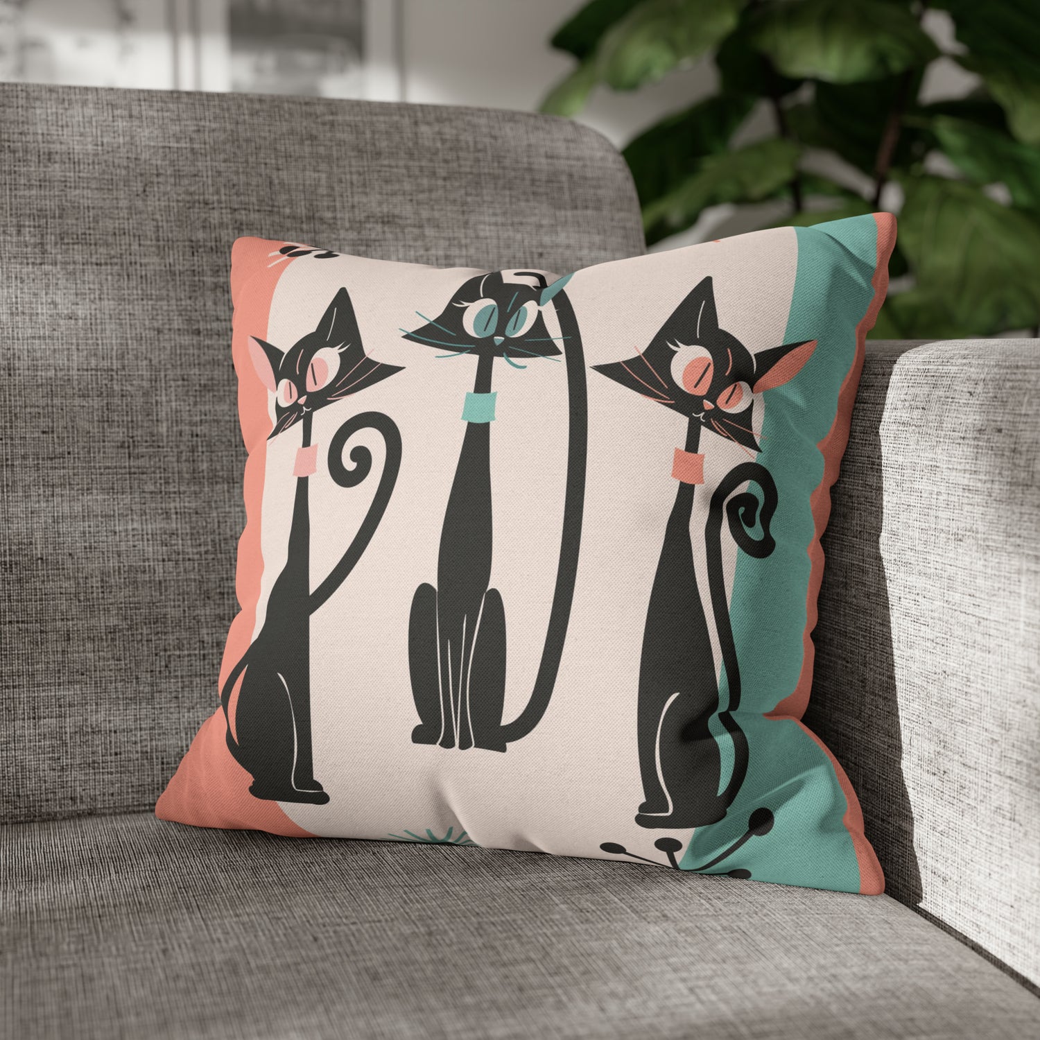 Atomic Cat Pillow, Kitschy 50s Mid Century Modern Style, Coral, Aqua, Creamy Beige, Retro MCM Atomic Home Living Pillow COVER - Mid Century Modern Gal