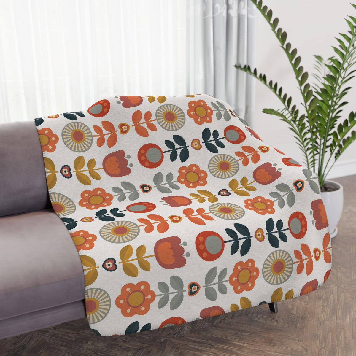 Retro Scandinavian Modern Danish Cozy Floral Tan Sherpa Blanket - Soft Throw Blanket for Home Decor & Gifts - Mid Century Modern Gal