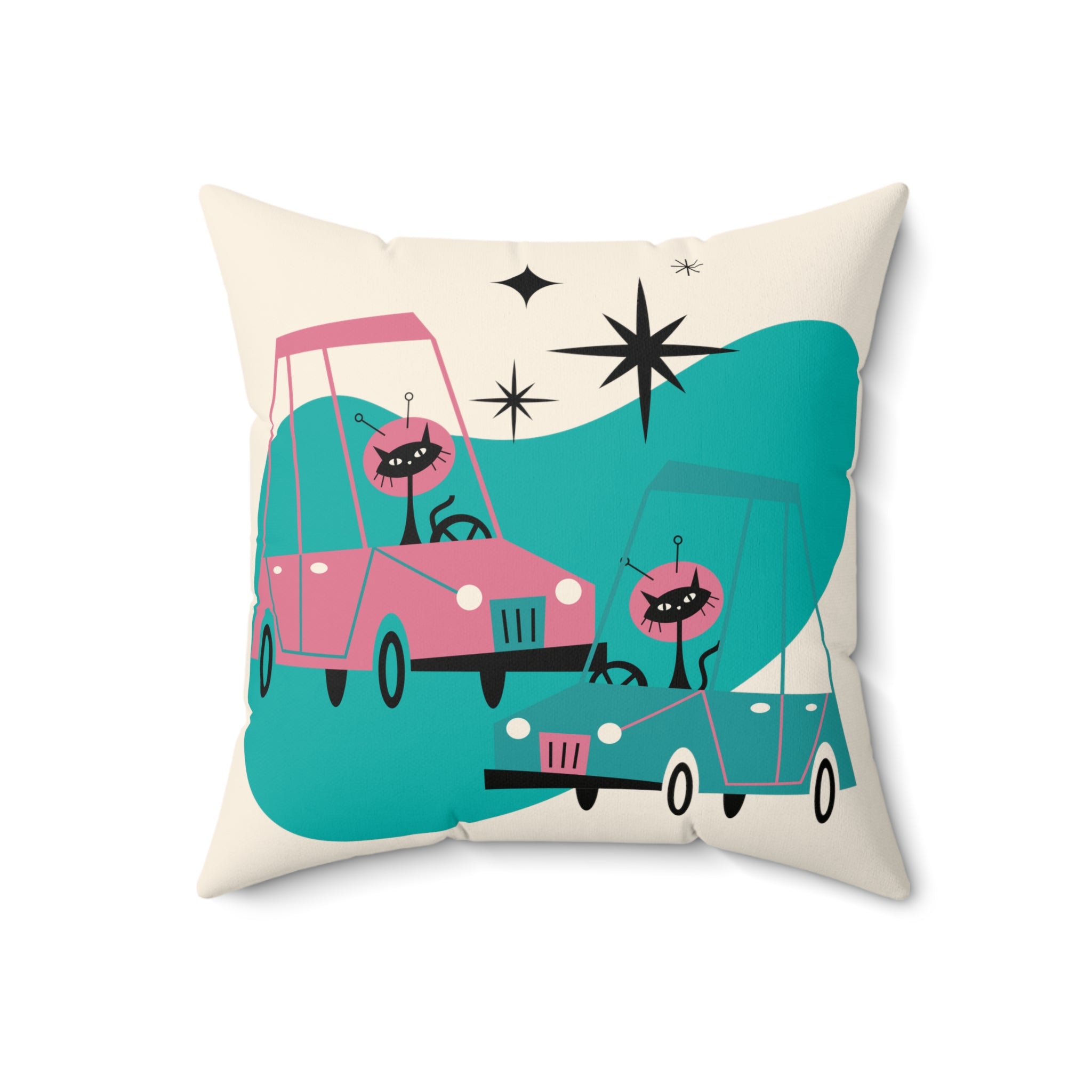 Atomic Space Cats, Beep Beep, Retro Cars, Space Kitties, Kitschy Fun Quirky Throw Pillow With Insert - Mid Century Modern Gal