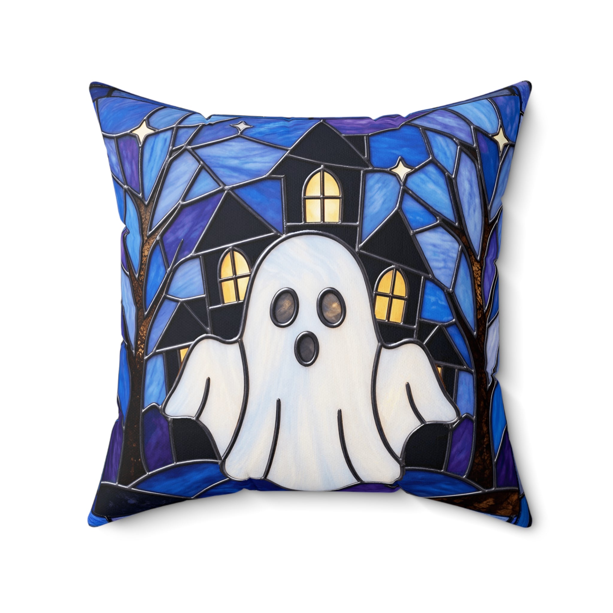 Halloween Stained Glass Style Ghost Haunted House Pillow Cover and Insert