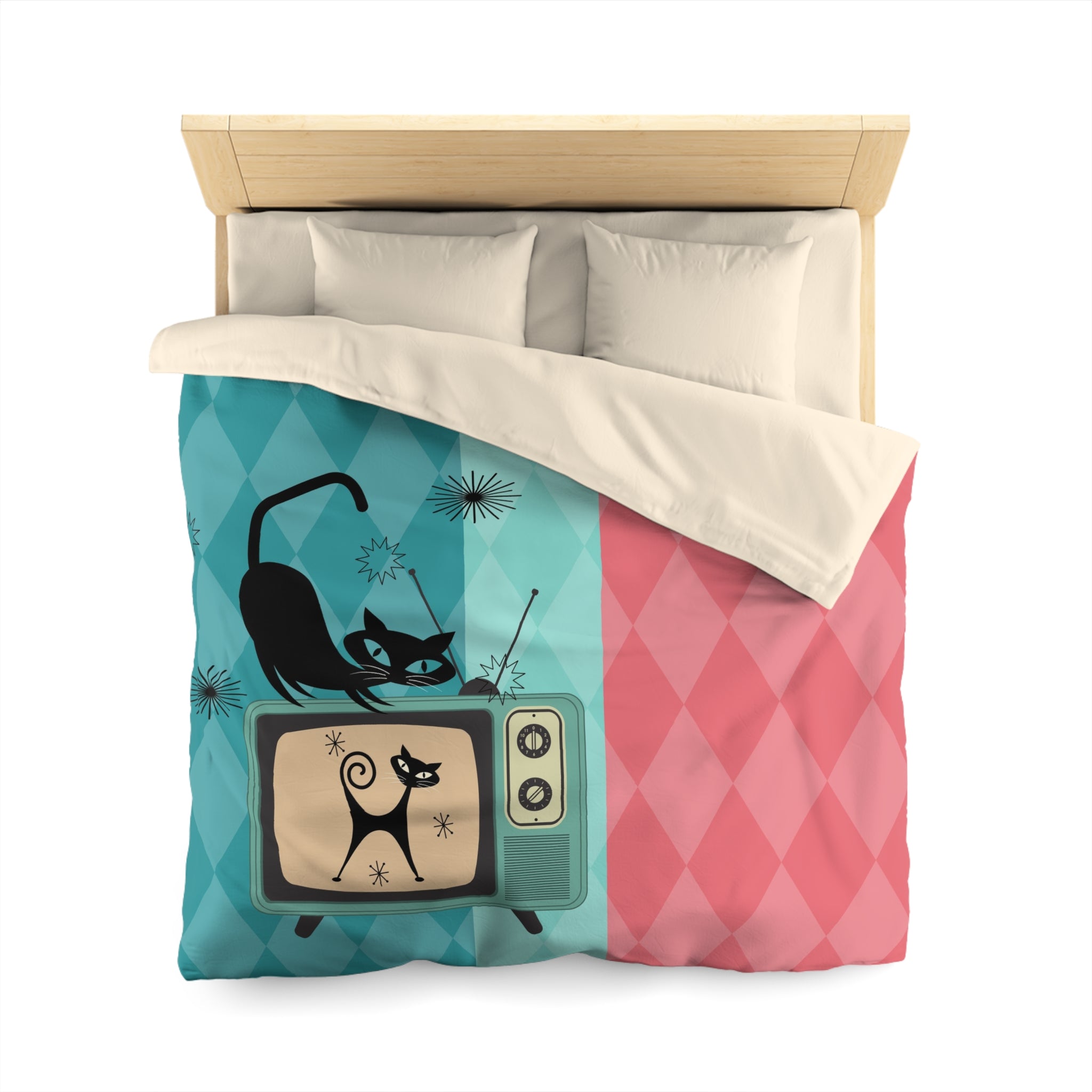 Atomic Kitties, Mid Mod Harlequin Diamond Pattern, Pink, Teal, Light Mint, Retro Mod Duvet Cover - Mid Century Modern Gal