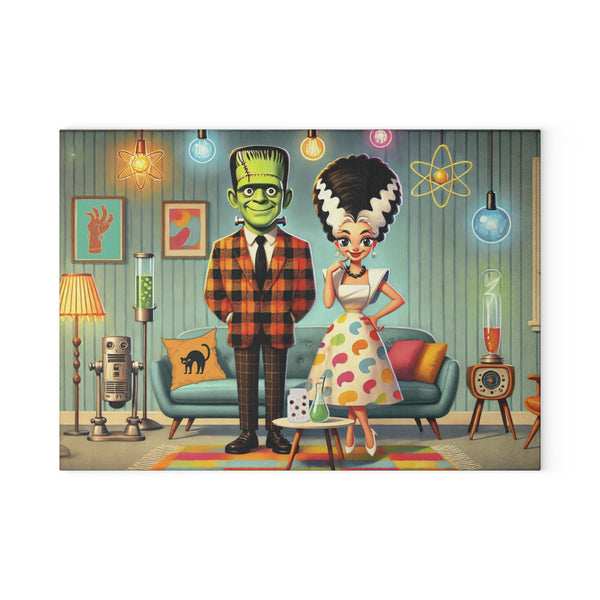 Retro Frankenstein And Bride Monster Glass Cutting Board | Vintage Kitchen Decor Home Barware for Ghoul Friends, Unique Kitchen Art