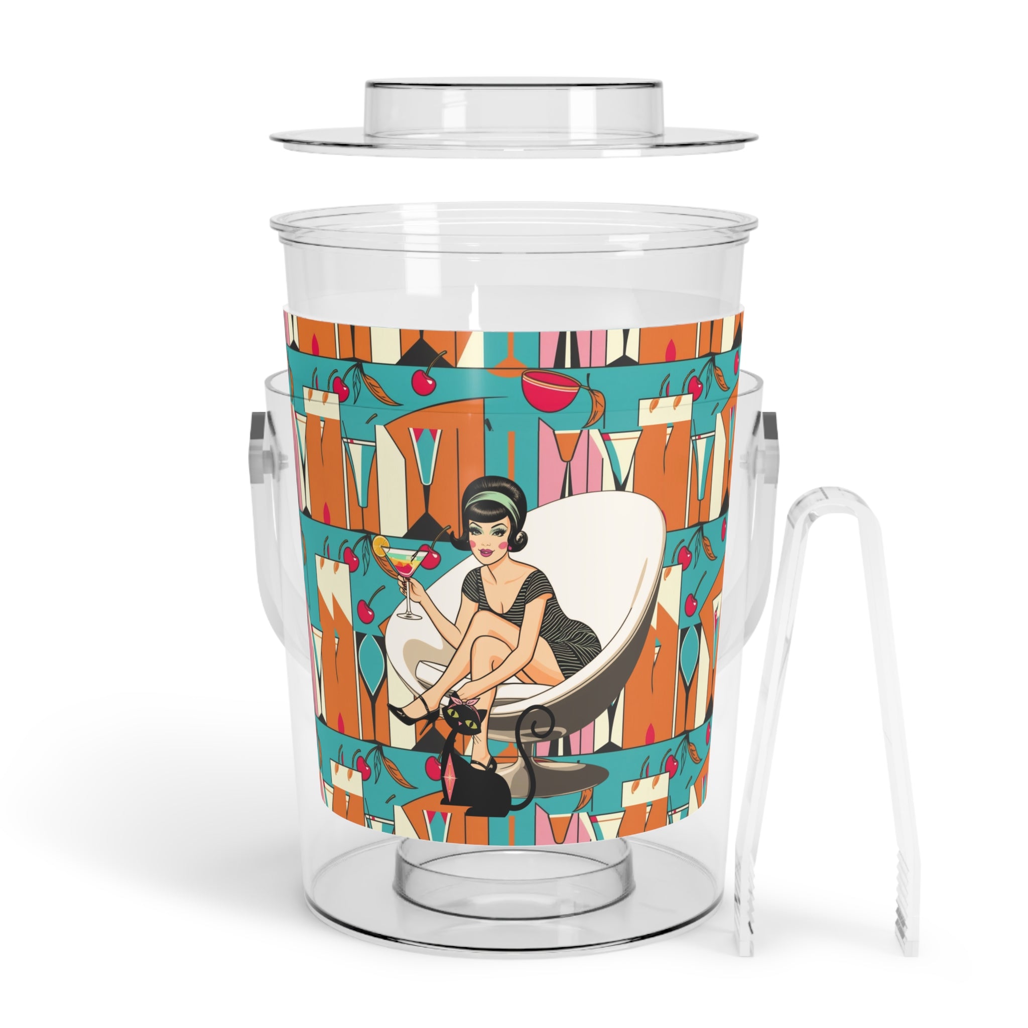 Mid Century Modern Barware Retro Cocktai Kitschy Mod Gal 60s l Ice Bucket with Tongs - Vintage Chic Party Essential - Mid Century Modern Gal