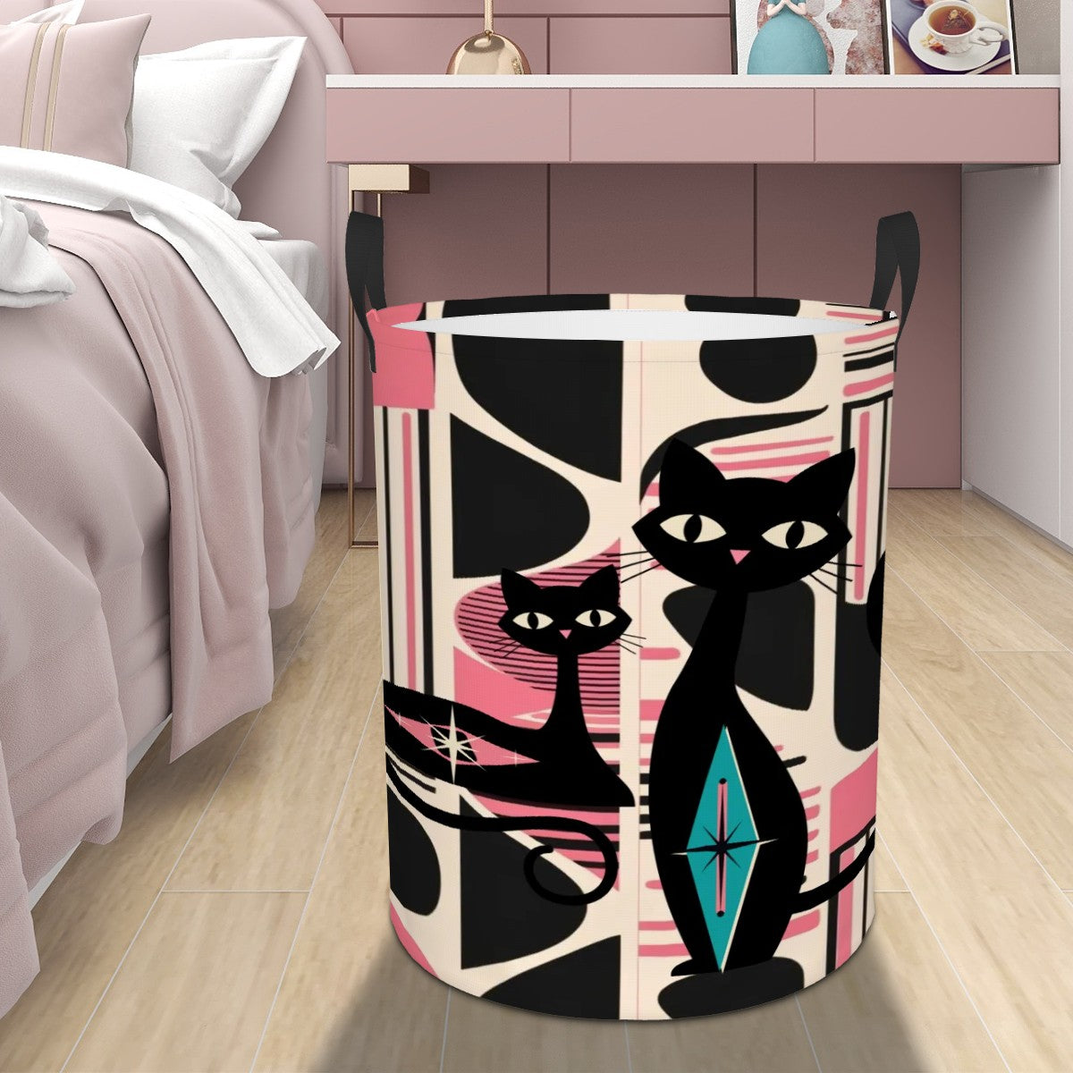 Atomic Cats Kitschy Mod Storage Solution, Organization MCM, Black, Pink, Circular Laundry Basket - Mid Century Modern Gal