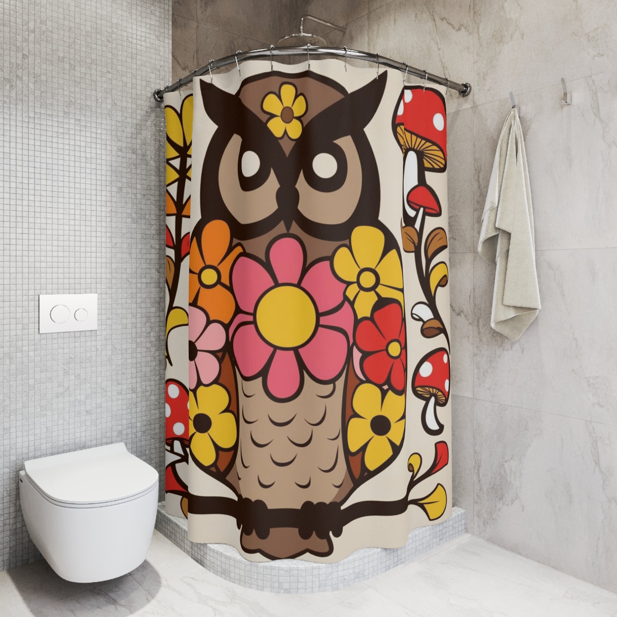 Retro Groovy 70s Owl, Mushroom Floral Bohemian Owl Shower Curtain - Colorful Floral Design for a Cozy Bathroom - Mid Century Modern Gal