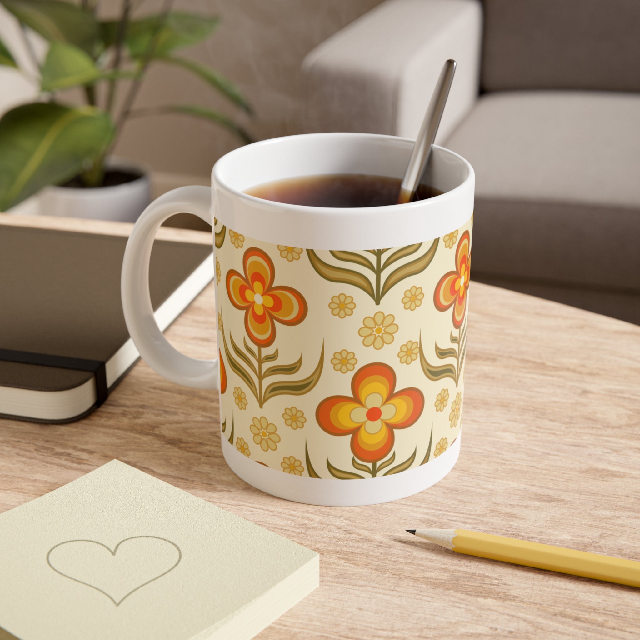 70s Flower Power, Daily Cup of Retro White Ceramic Mug, 11oz - Mid Century Modern Gal