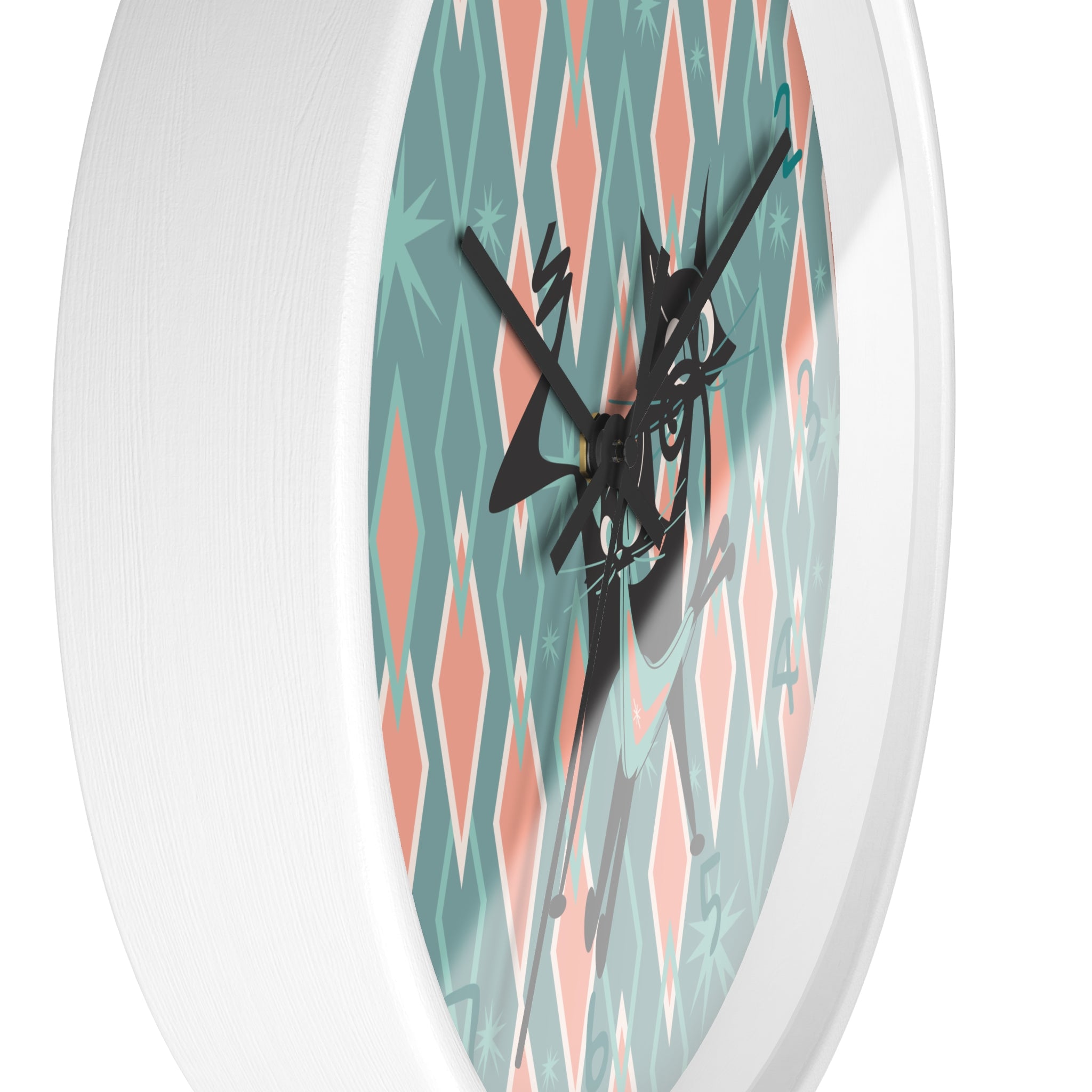 Retro Kitchen Wall Clock For Atomic Cat Black Cat Lovers, Mid Century Modern Designed, Teal, Pink Harlequin Diamond Designed MCM Clock - Mid Century Modern Gal