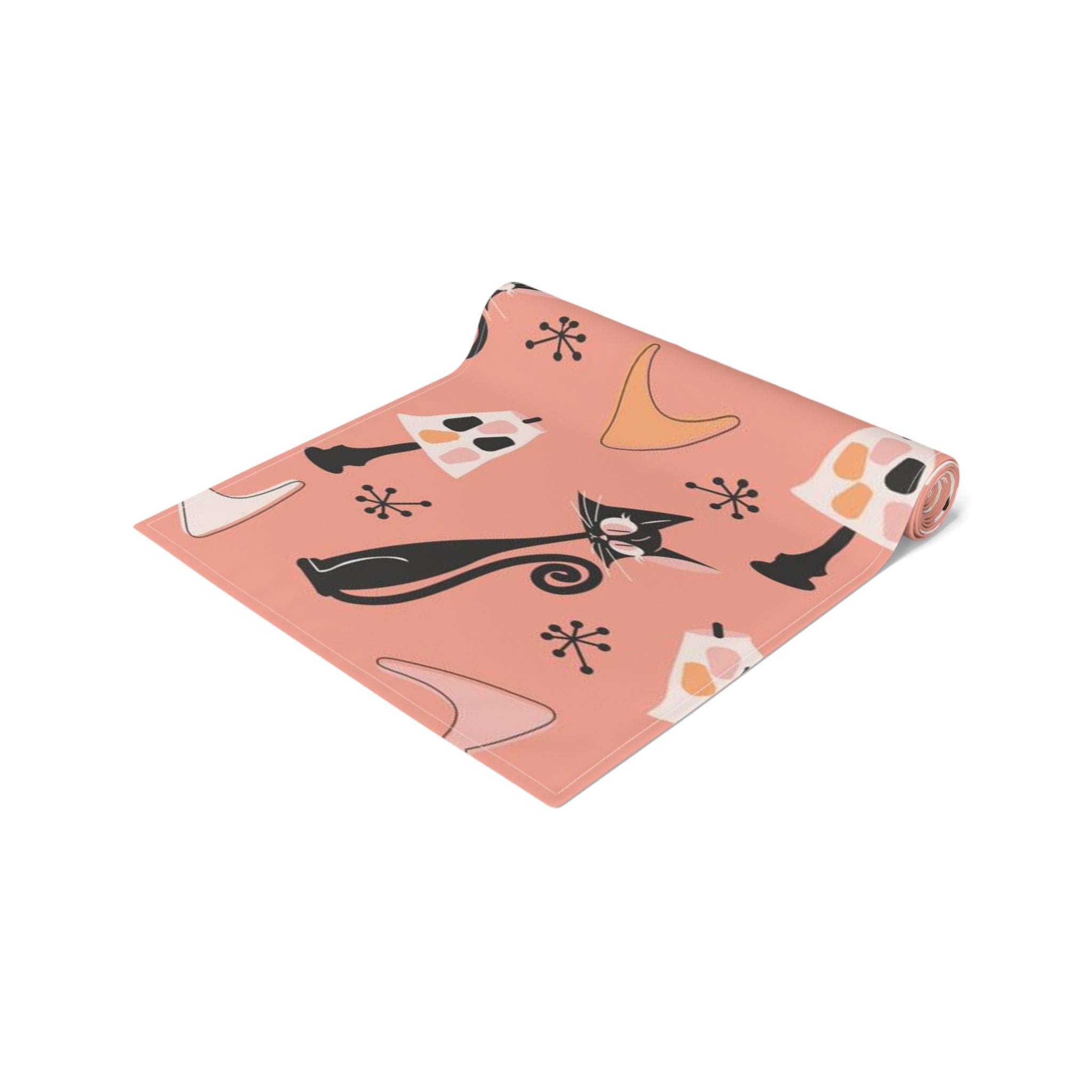 Atomic Cat Table Runner, Coral, Black White Kitties, Boomerang Pattern With Quirky Lamps, Mid Century Modern Table Decor - Mid Century Modern Gal