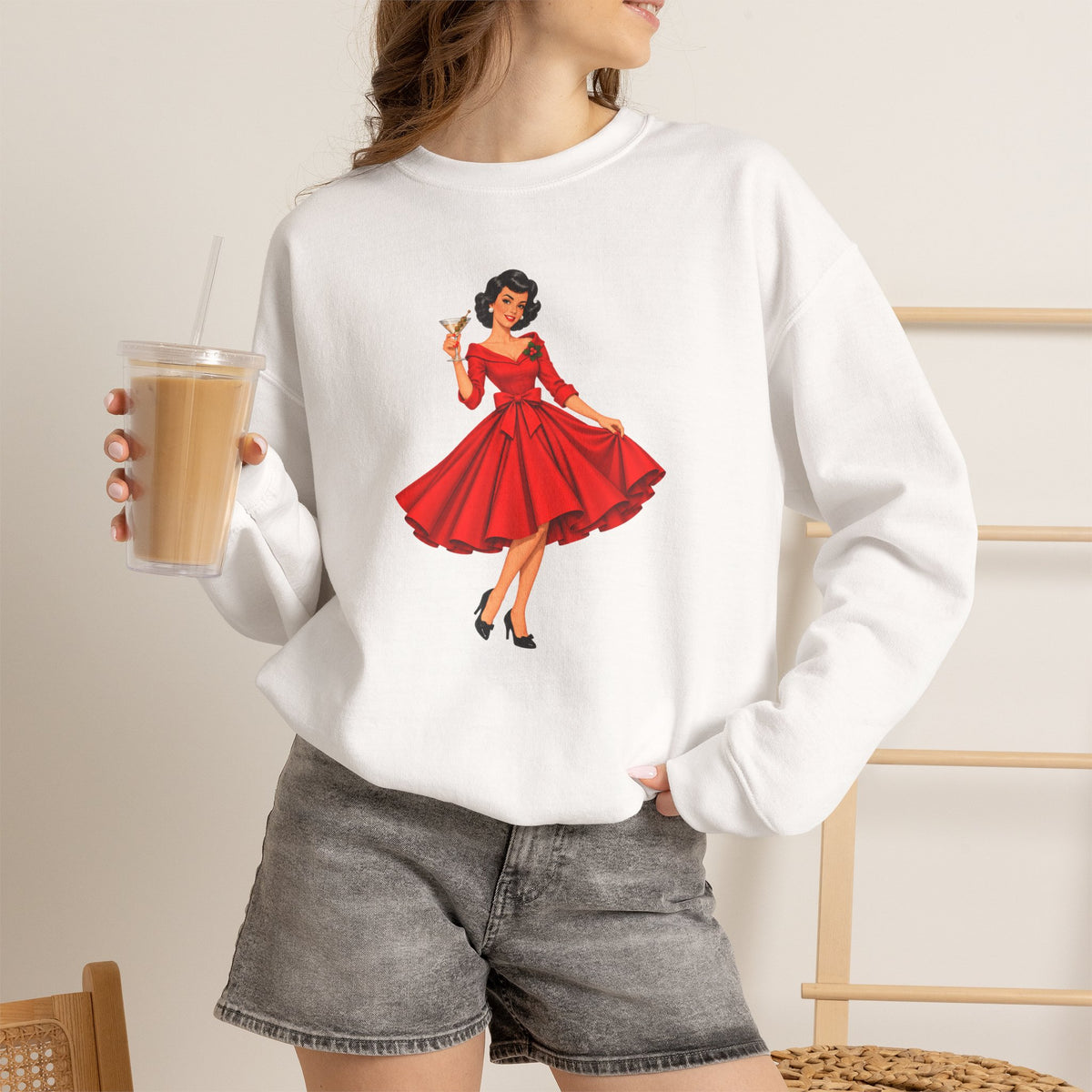 Mid Century Modern Christmas Martini Gal Unisex Heavy Blend™ Crewneck Sweatshirt - Mid Century Modern Gal