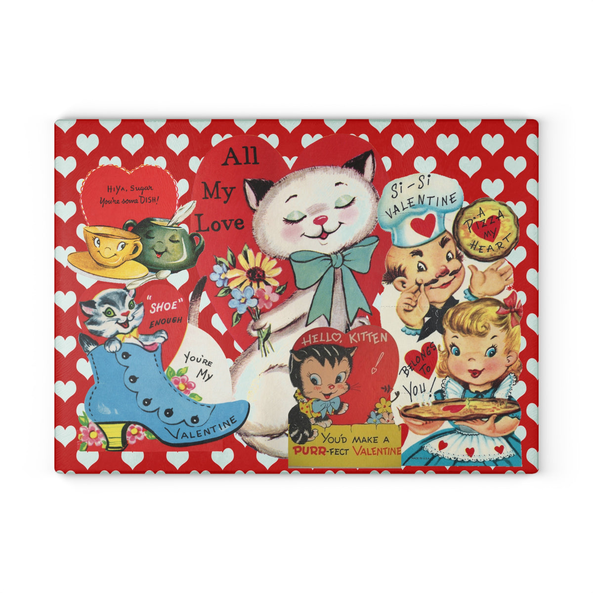 50s Vintage Valentine Cards, Kitschy Love, Red Hearts, Retro Glass Cutting Board - Mid Century Modern Gal