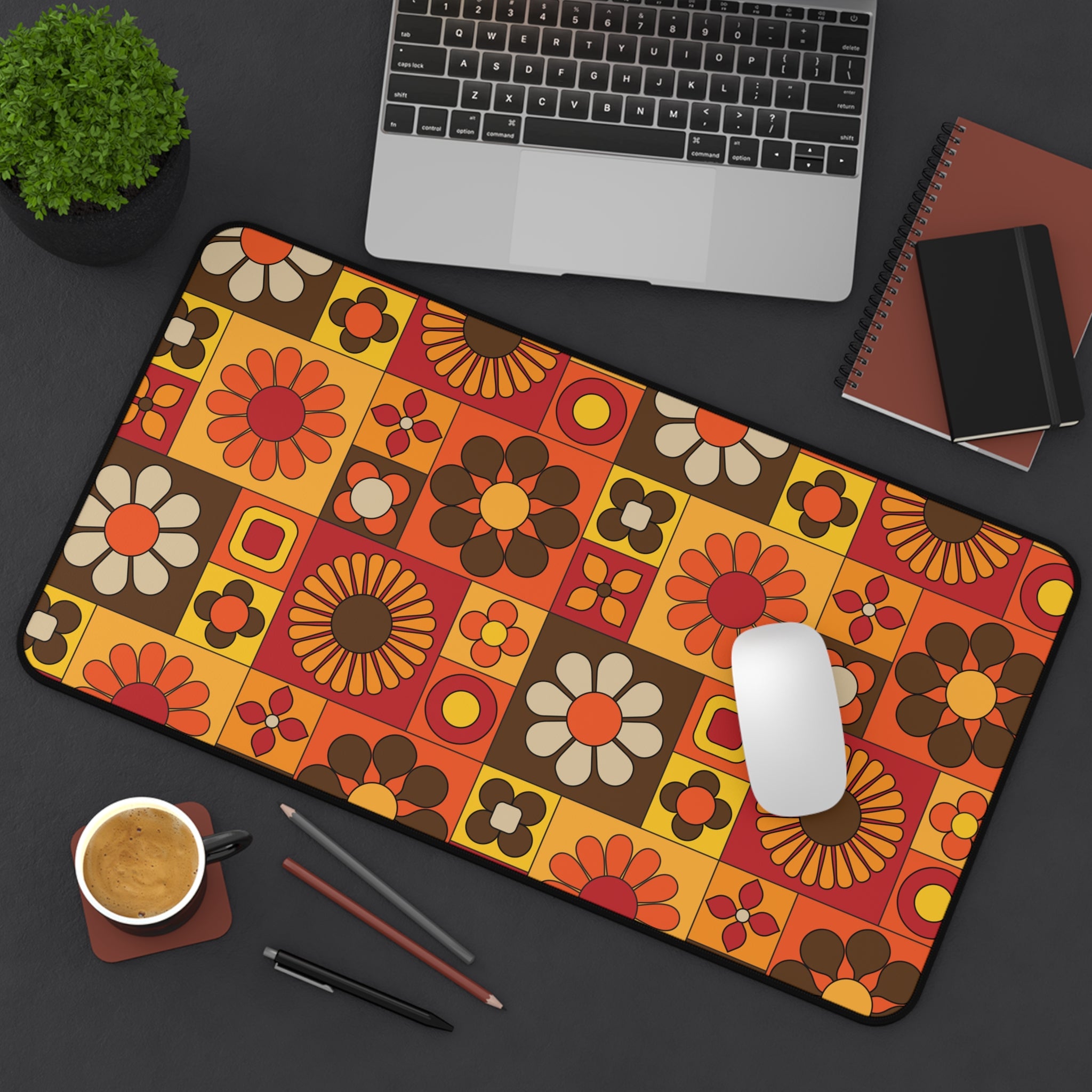 Retro Floral Flower Power Desk Mat - Vibrant and Stylish Mid Mod Desk Decor - Mid Century Modern Gal