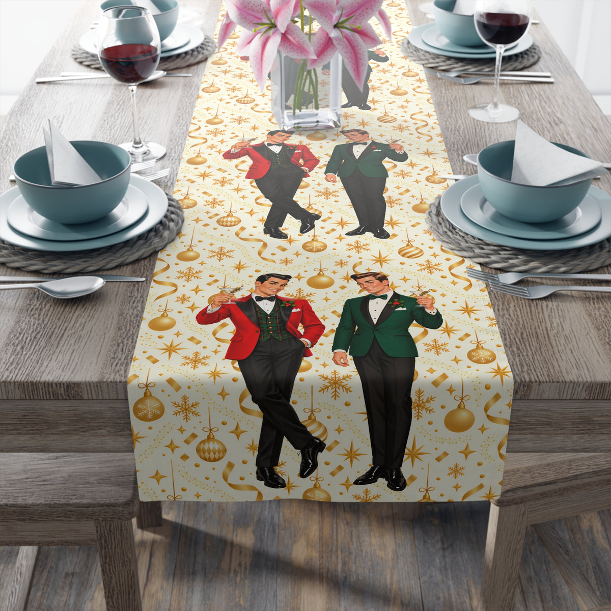 Mid Century Modern Christmas Martini Dapper Gay Male Couple Table Runner