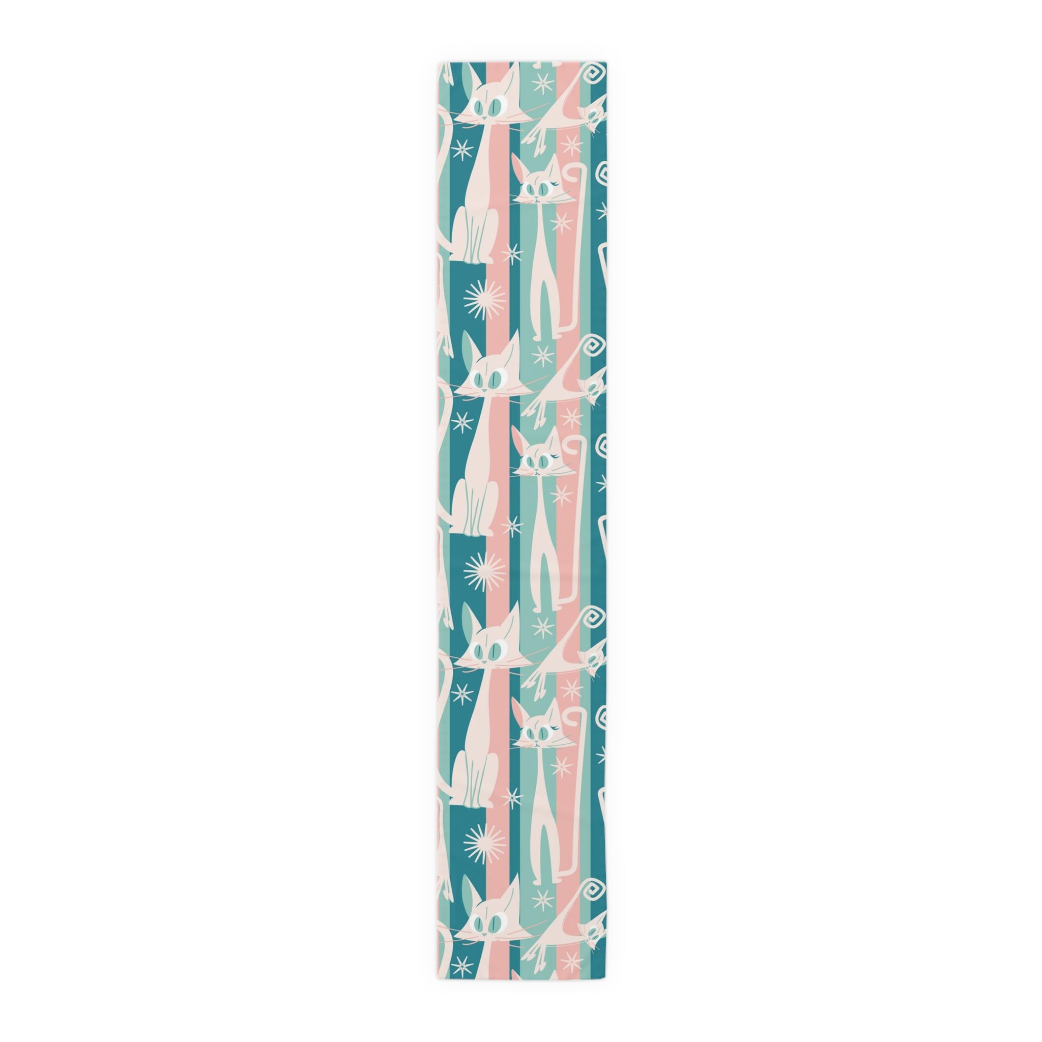 Kitschy Cat Cafe Aqua, Pink Bespoke Home Decor, Mid Century Modern Table Runner - Mid Century Modern Gal