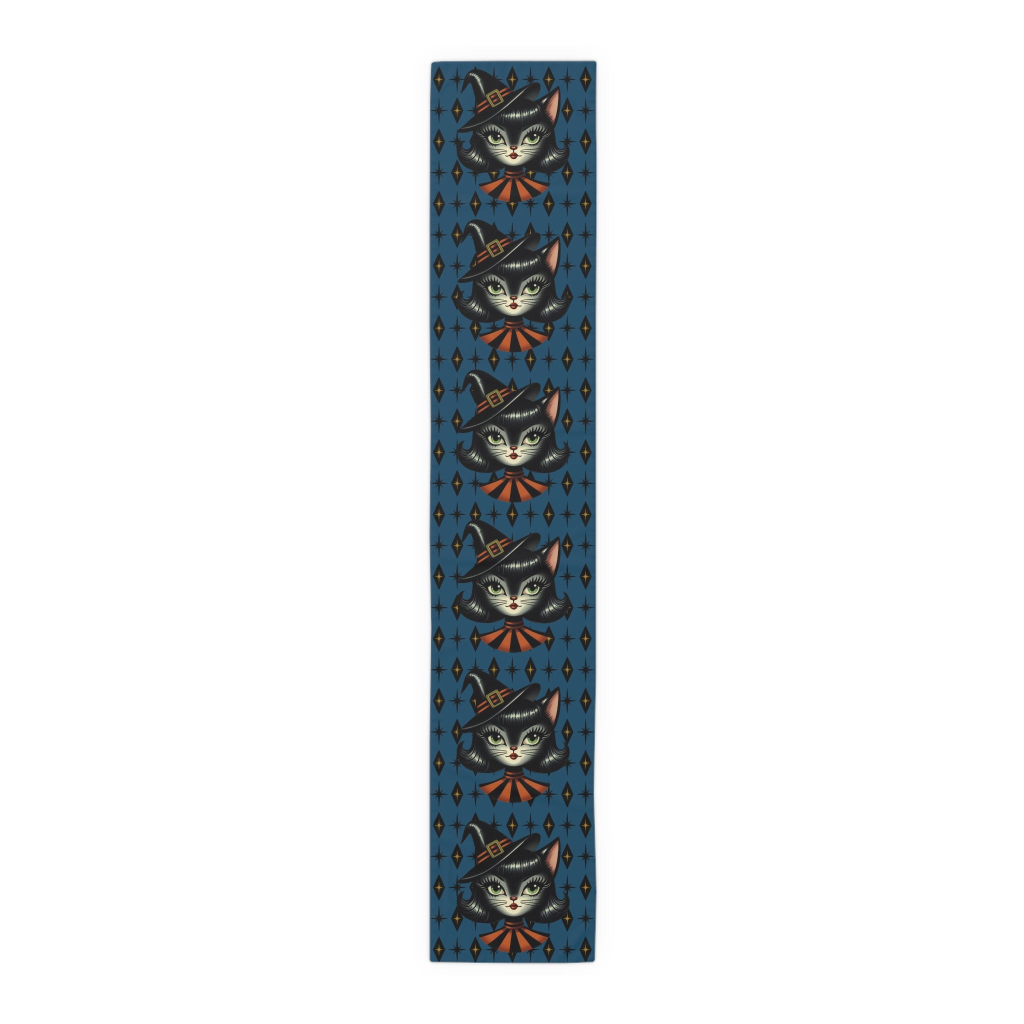 Vintage Halloween Black Cat Sexy Sexton Mid Century Modern Blue Table Runner - Mid Century Modern Gal