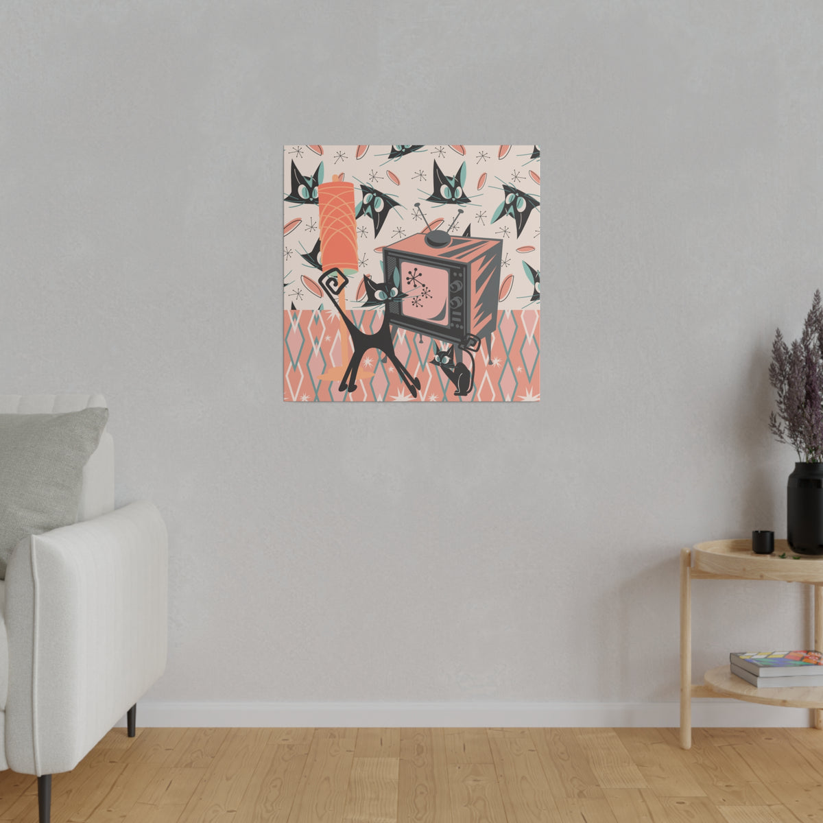 Atomic Cat Art, Quirky, Kitschy Whimsical Kittie Lover, Retro TV, Coral, Peach, Teal Blue, Mid Century Modern Wall Art - Mid Century Modern Gal