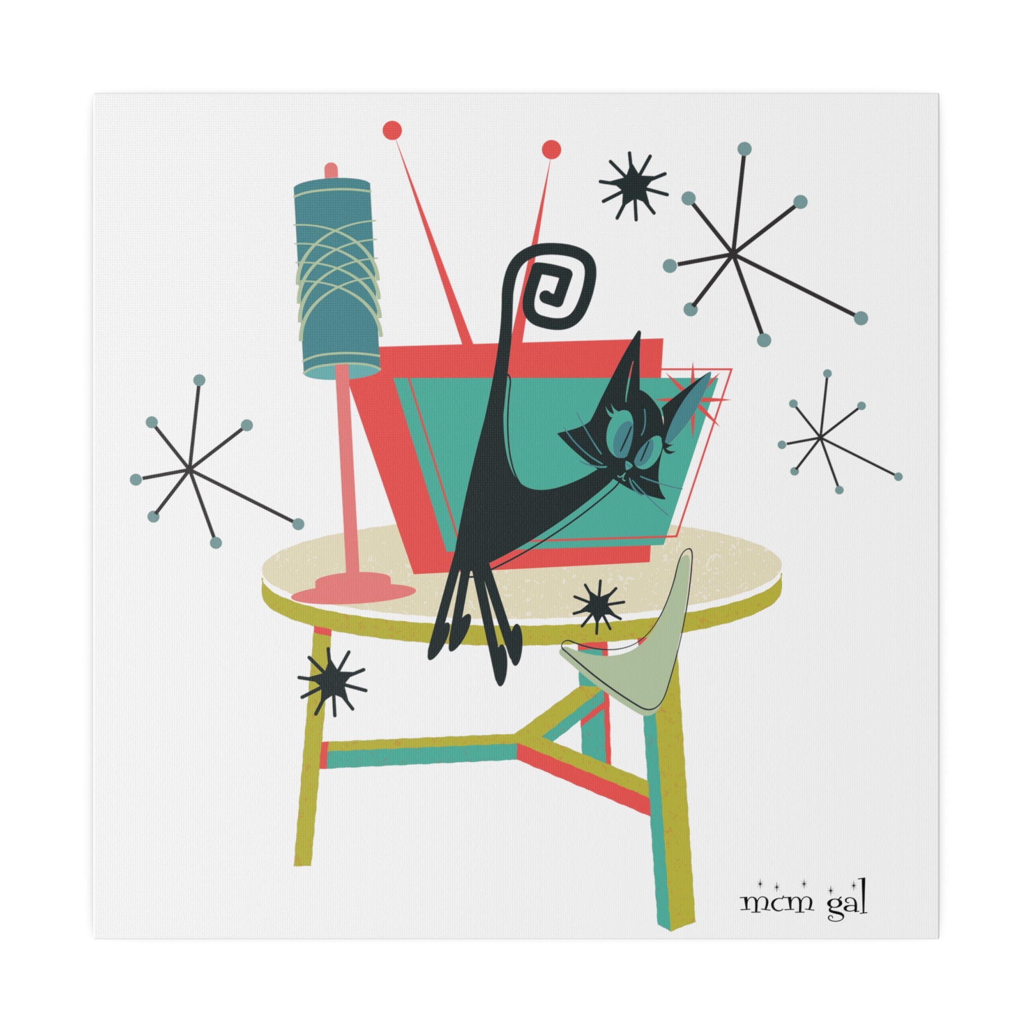 Atomic Cat Art, Quirky Kookie Mid Century Modern Matte Canvas - Mid Century Modern Gal