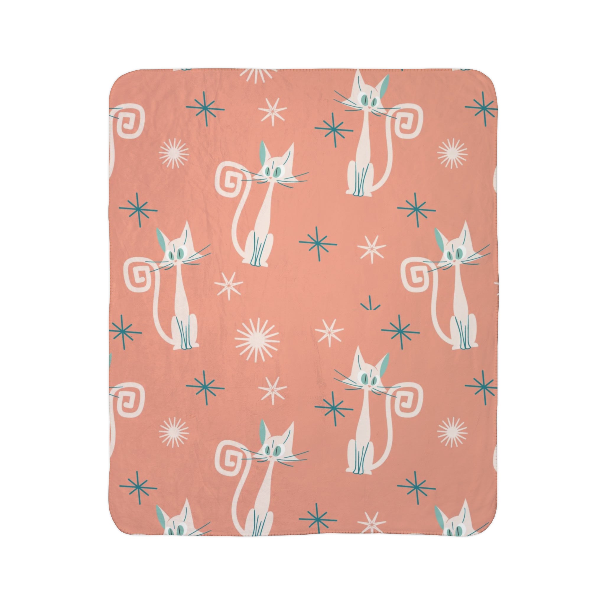 Cozy Cat, Atomic Cats, Coral, Teal Starburst Mid Century Modern Fleece Sherpa Blanket - Mid Century Modern Gal
