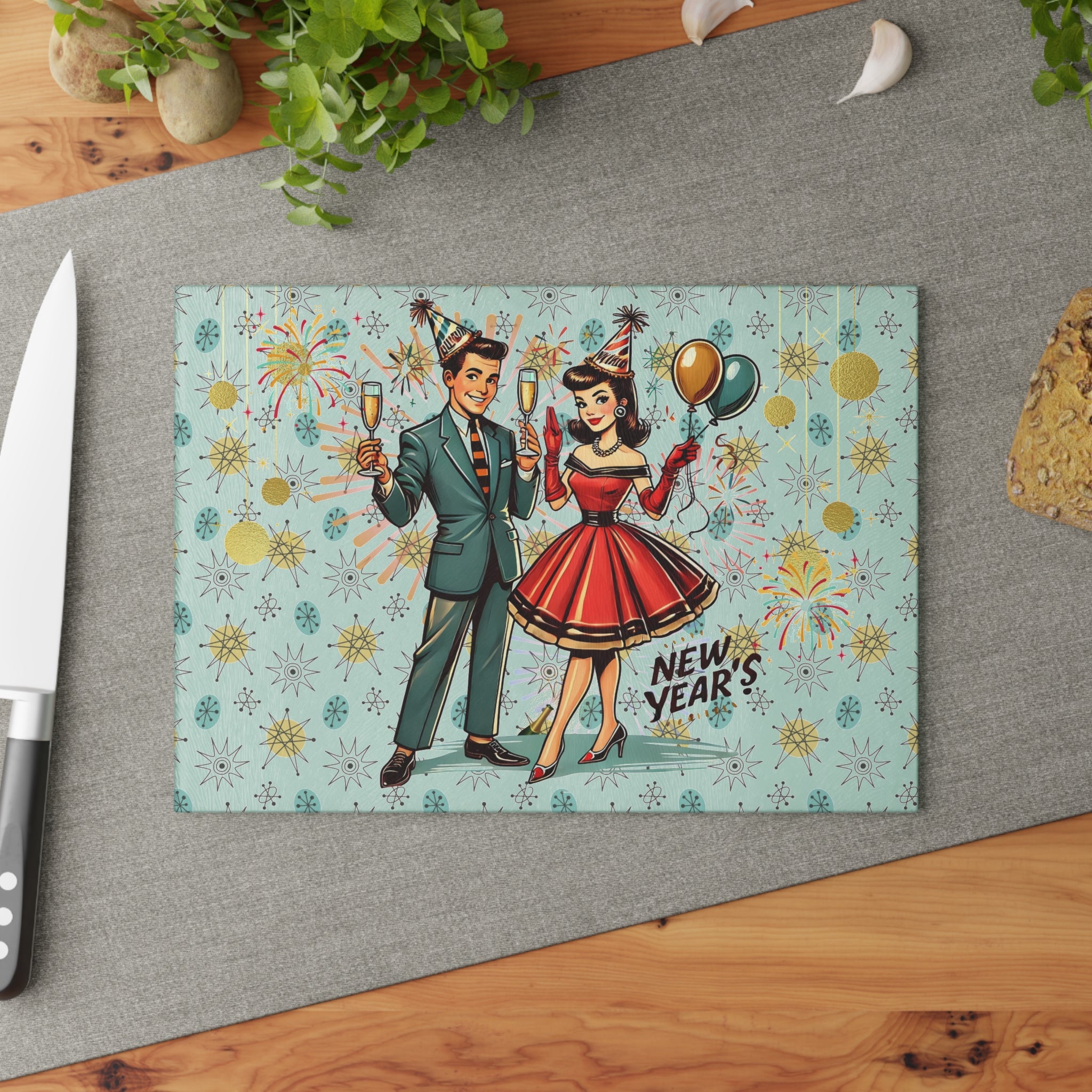 Mid Century Modern Franciscan Diamond Kitschy Couple New Year Party Cheese Board, Glass Cutting Board - Mid Century Modern Gal
