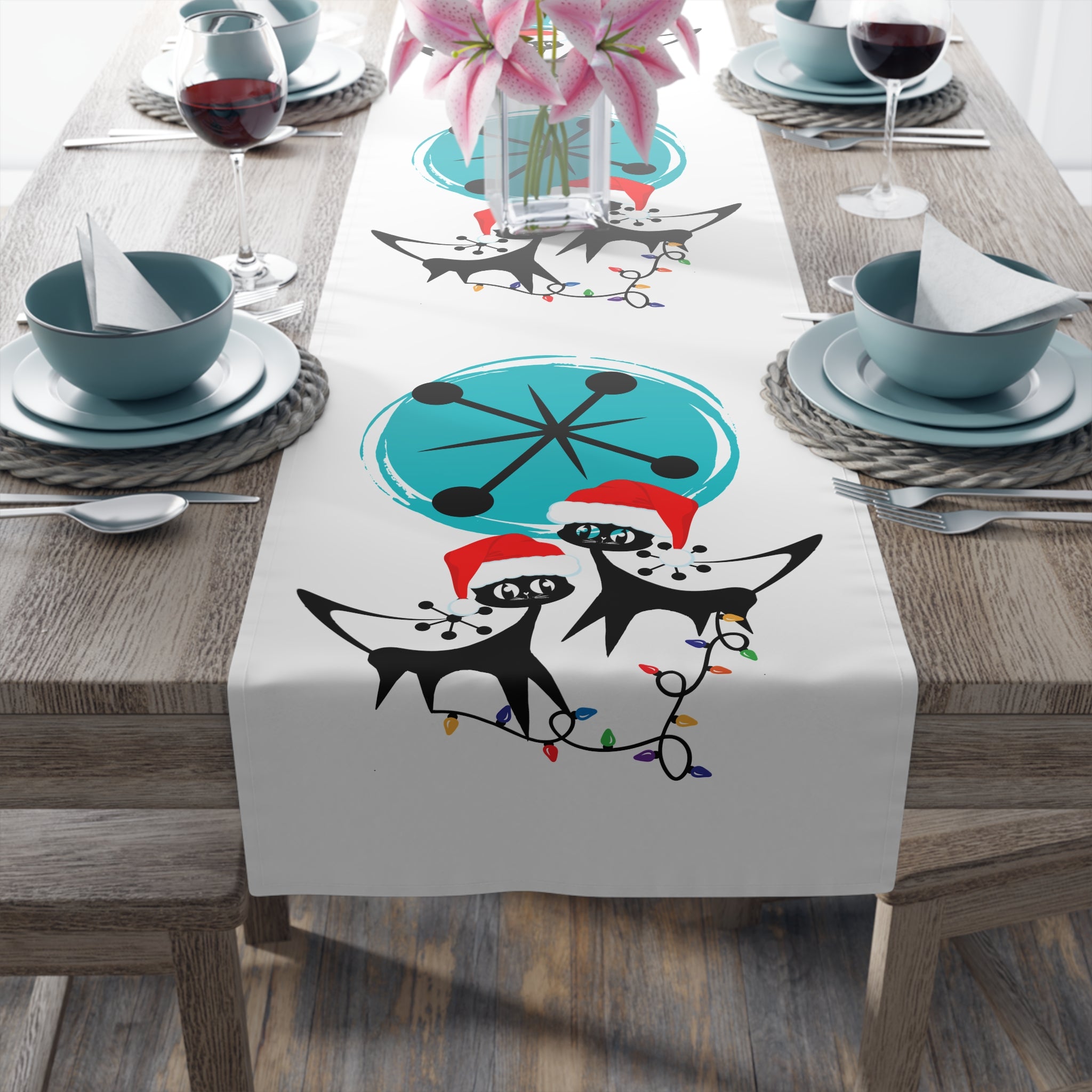 Atomic Cat Retro Christmas Mid Century Modern White MCM Designs Table Runner - Mid Century Modern Gal