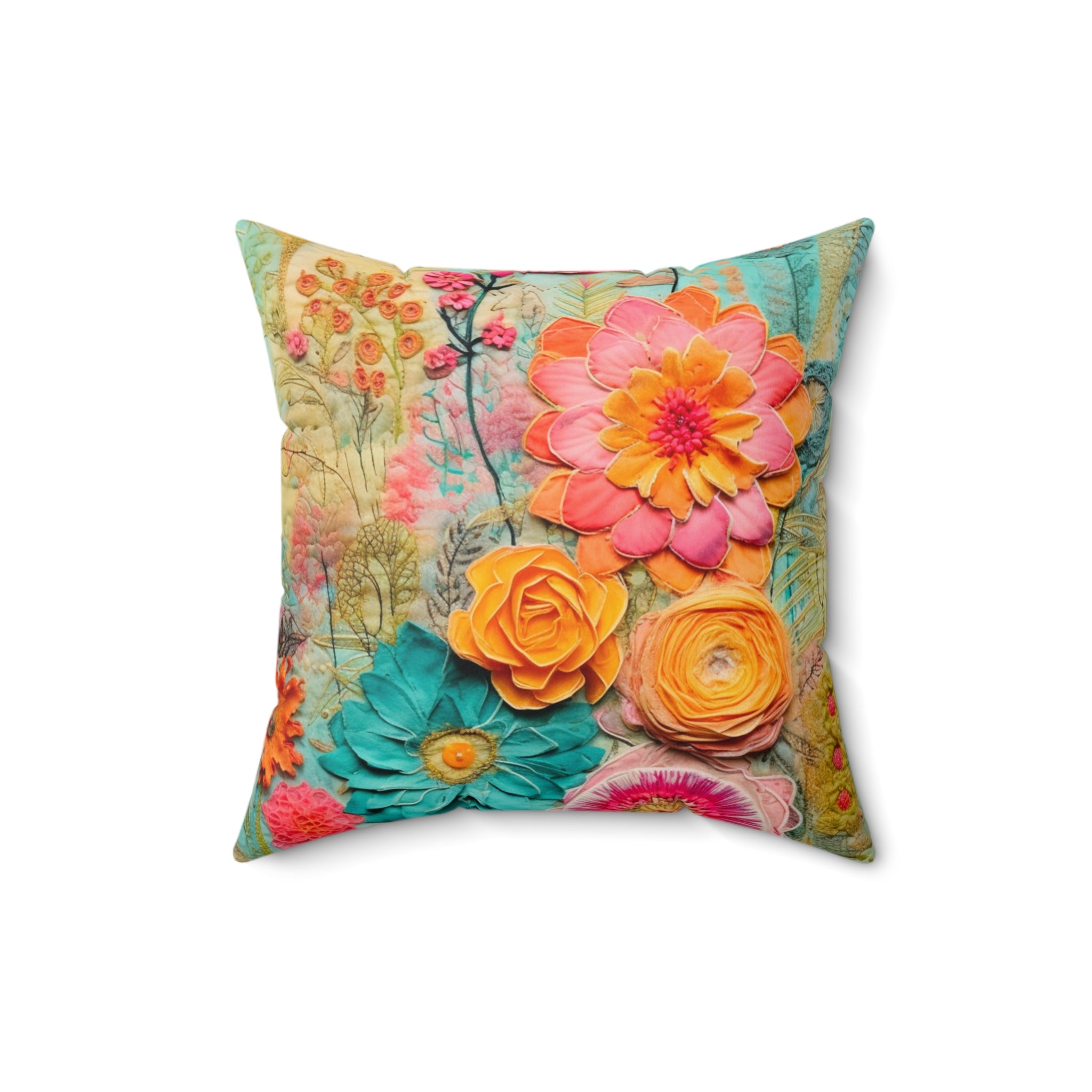Floral Boho Pillow, Reversible, Flower, Butterfly, Bohemian Hippie, Retro Faux Embroidered Pillow And Insert - Mid Century Modern Gal